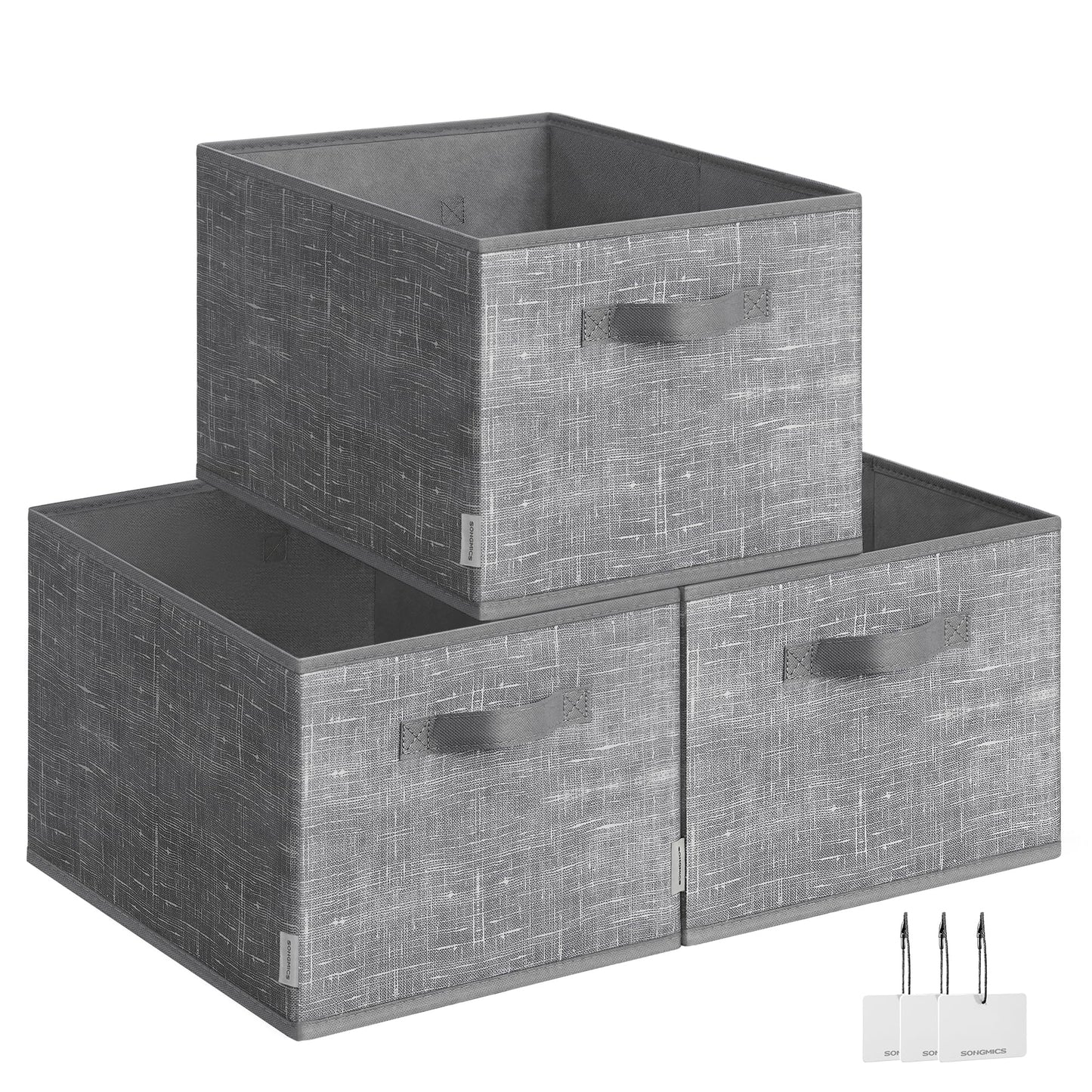 SONGMICS Storage Baskets, Set of 3 Fabric Storage Bins, 15.7 x 11.8 x 9.5 Inches, Foldable Closet Organizer for Shelves, 2 Handles, Label Holders, for Bedroom, Living Room, Cattail Gray UROB440G01