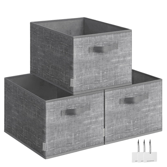SONGMICS Storage Baskets, Set of 3 Fabric Storage Bins, 15.7 x 11.8 x 9.5 Inches, Foldable Closet Organizer for Shelves, 2 Handles, Label Holders, for Bedroom, Living Room, Cattail Gray UROB440G01