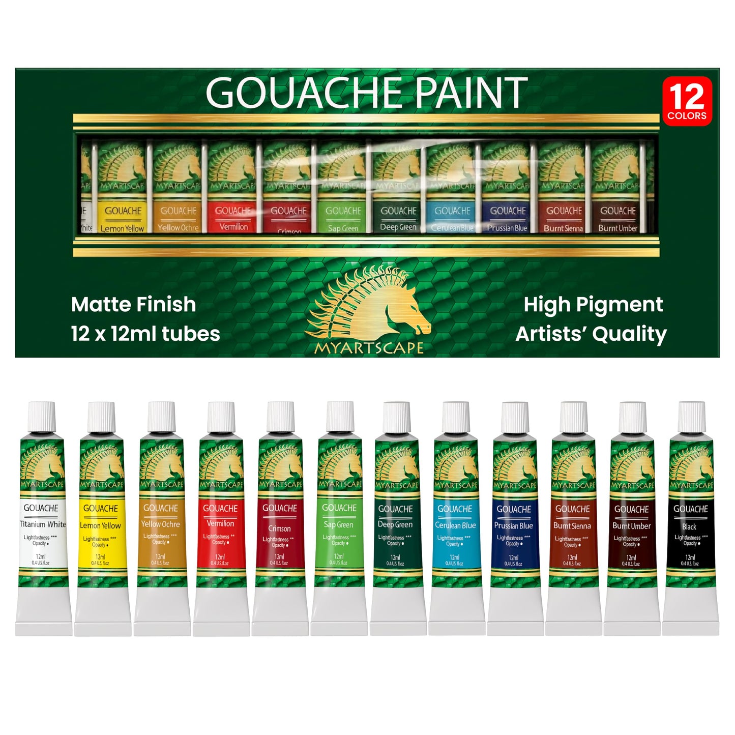 MyArtscape Gouache Paint Set, 12 Colors, 12 x 0.4 fl oz (12 ml) Tubes, Artist Quality High Pigment Matte Rewettable Gouache Paints for Canvas, Illustration & Professional Art