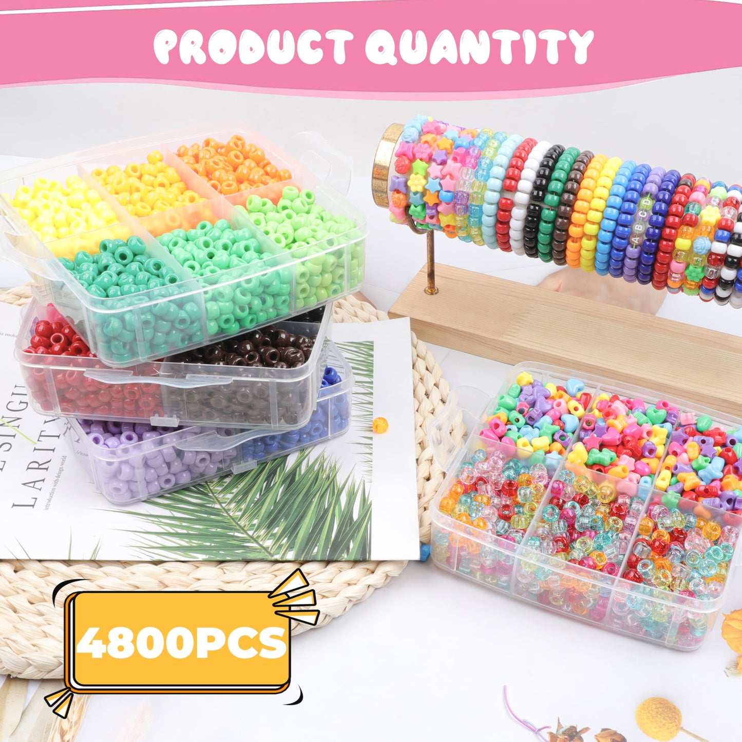KAKW 4800 Pcs Pony Beads for Friendship Bracelets 6x9mm 18 Solid 8 Color Shapes 10 Glitter Plastic Beads for Jewelry Making Supplies Necklaces Keychains Hair Braid DIY Craft Accessories