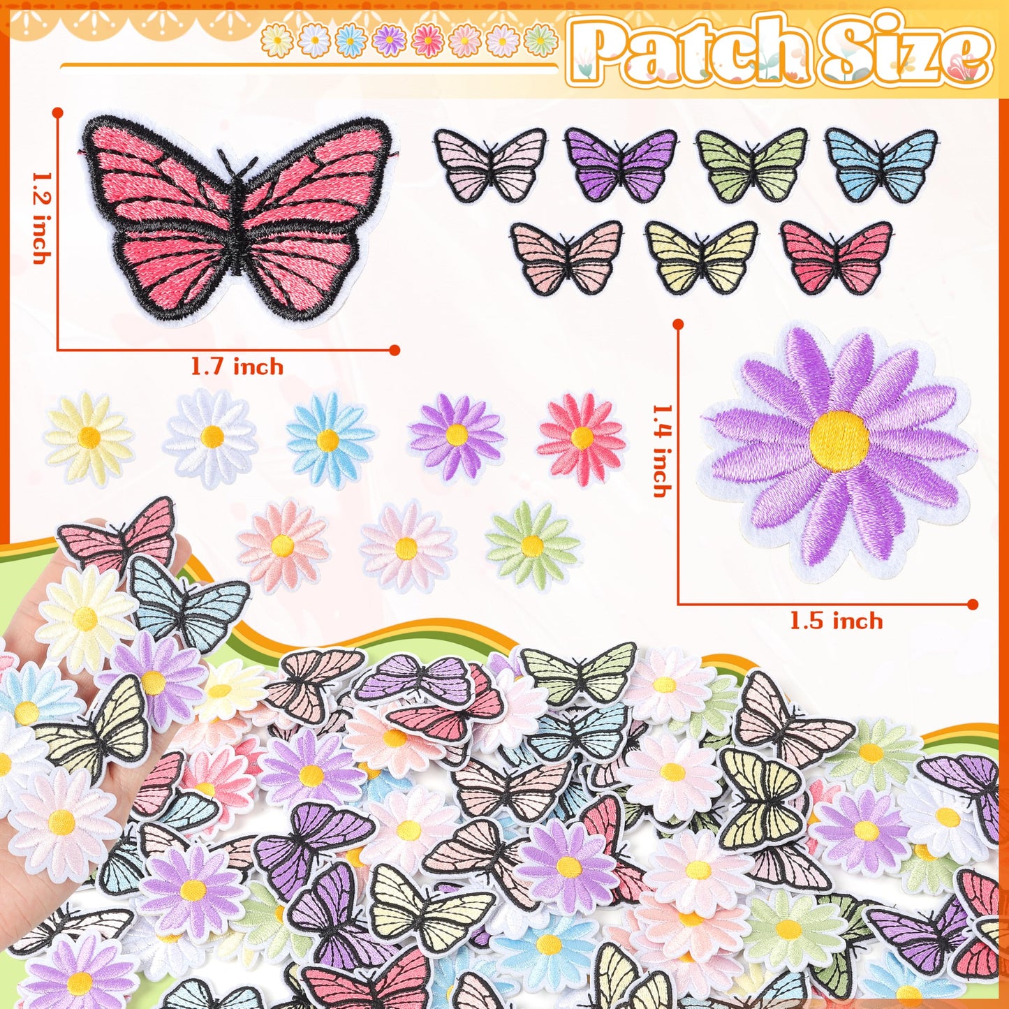 NICEVINYL Flower Iron on Patches for Clothing: 90pcs Multicolor Cute Daisy Flower Applique Patches Sew on Backpacks - Butterfly Embroidered Patches for Jeans Jackets Tote Bags Hats