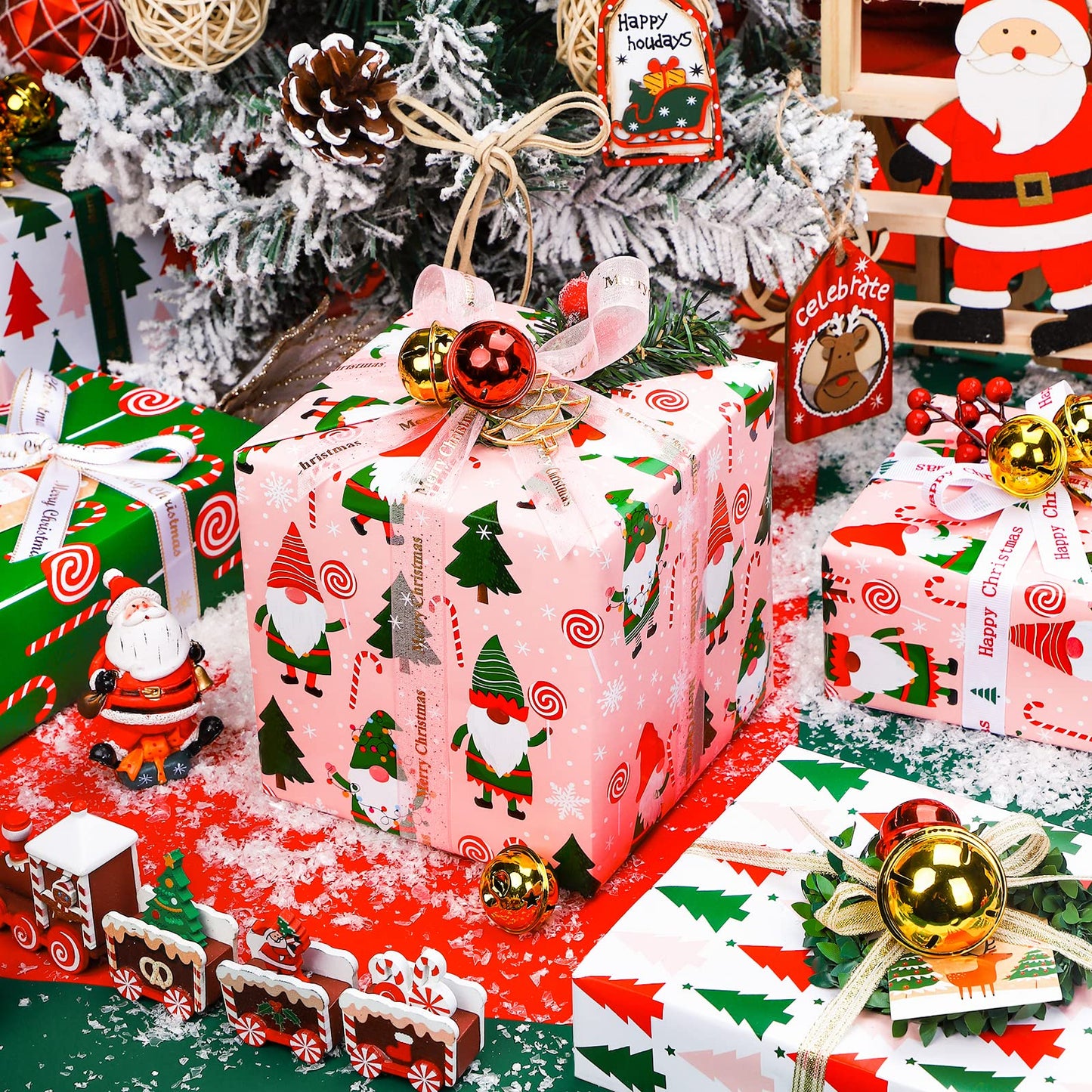 30 Inch Christmas Wrapping Paper Roll - Jumbo Roll Red, Green and Pink Christmas Gnome Elf Holiday Collection - 4 Rolls - 30 Inch x 120 Inch Per Roll