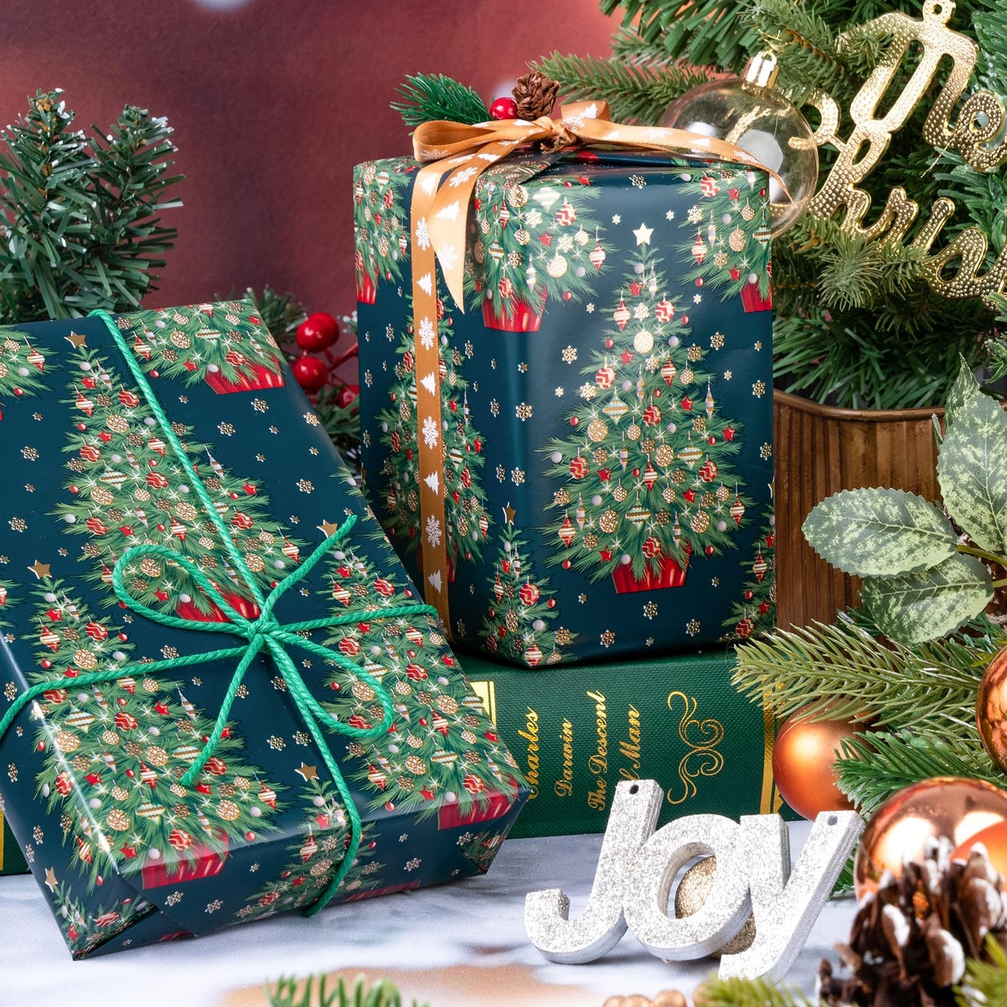 Reversible Green Christmas Wrapping Paper - Mini Roll - 17 Inch x 33 Feet - Green Christmas Tree Wrapping Paper for Holiday, Party Celebration