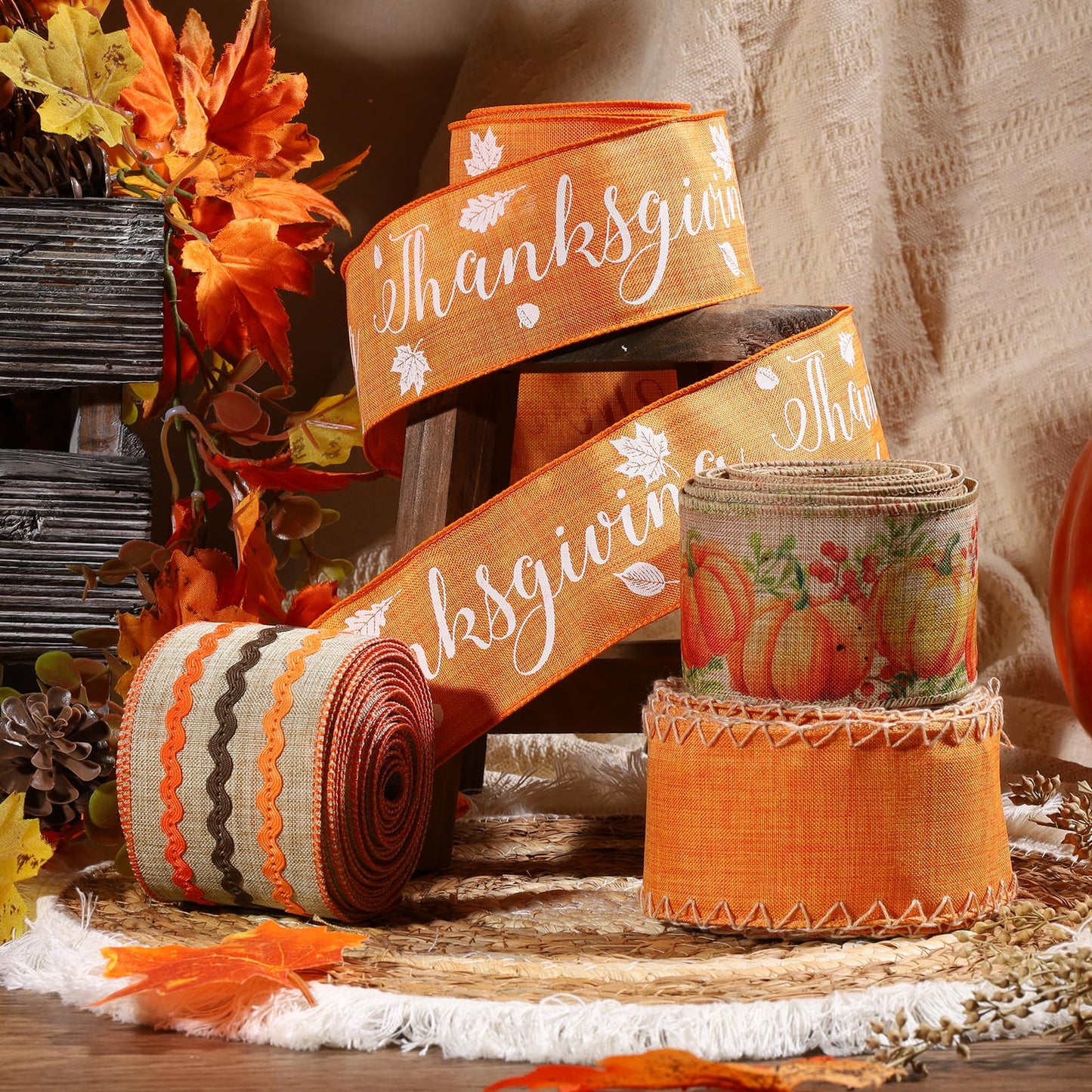 LaRibbons Fall Burlap Plaid Ribbon Wired 2 1/2" x 6 Yards 4 Rolls, Harvest Pumpkins Ribbon for Autumn Wreath Thanksgiving Christmas Farm Gift Wrapping Home Decor