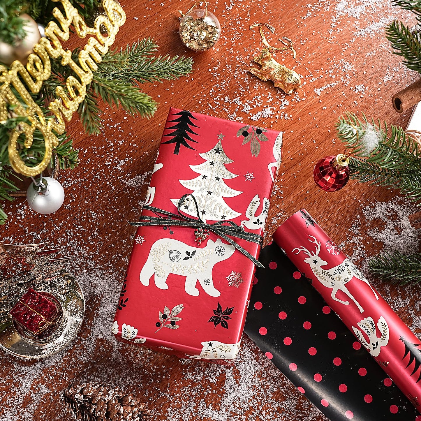 Christmas Reversible Wrapping Paper Roll, Mini Roll, Red Black Reindeer and Tree Design, Black with Red Polka Dots Gift Wrap Paper for Adults, Kids and Holiday Gifts, 17 Inches x 32.8 Feet