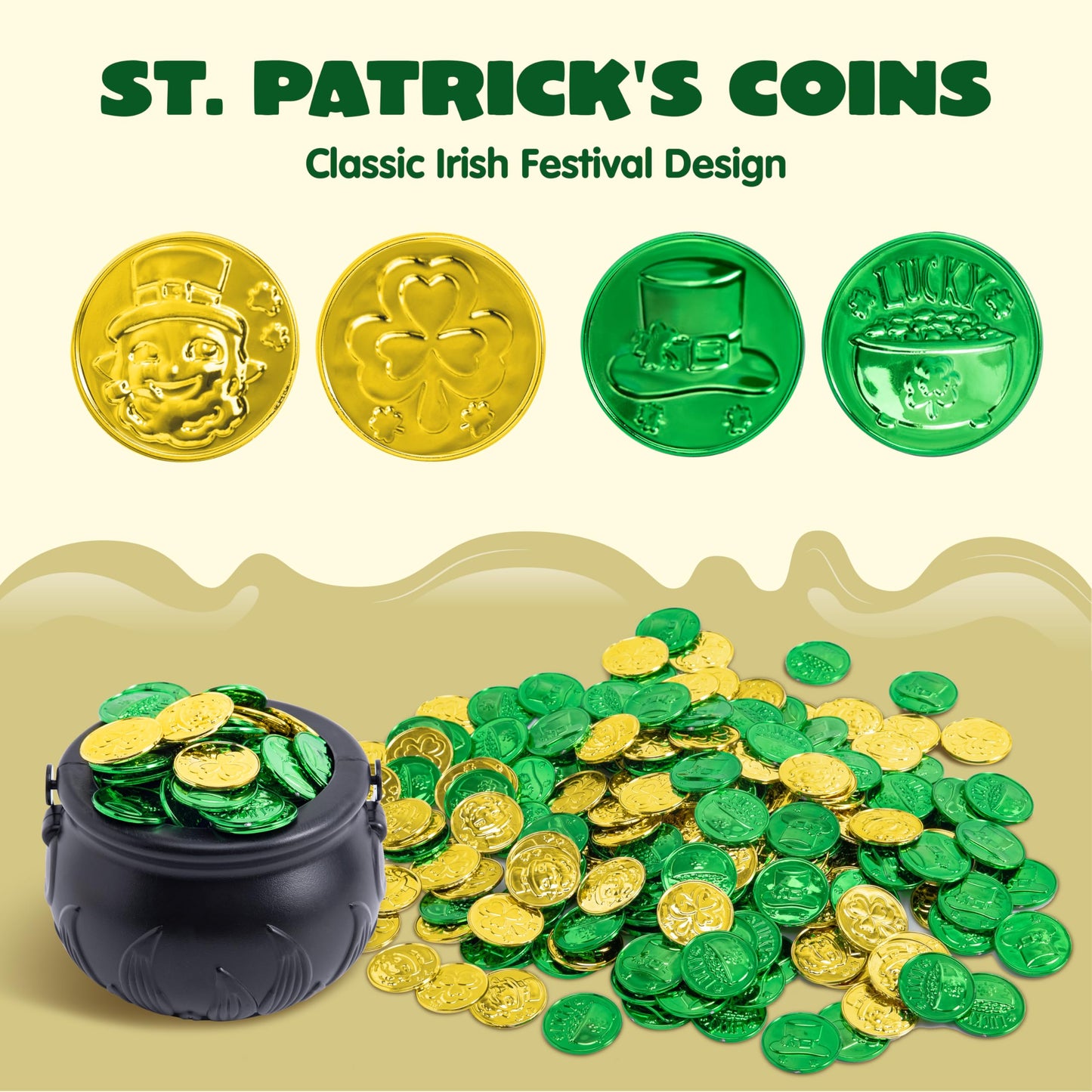 208 St Patrick’s Day Lucky Leprechaun Plastic Coins and 1 Large Black Cauldron with Handle Pot of Gold Party Supplies, St Patrick Decorations Party Favors