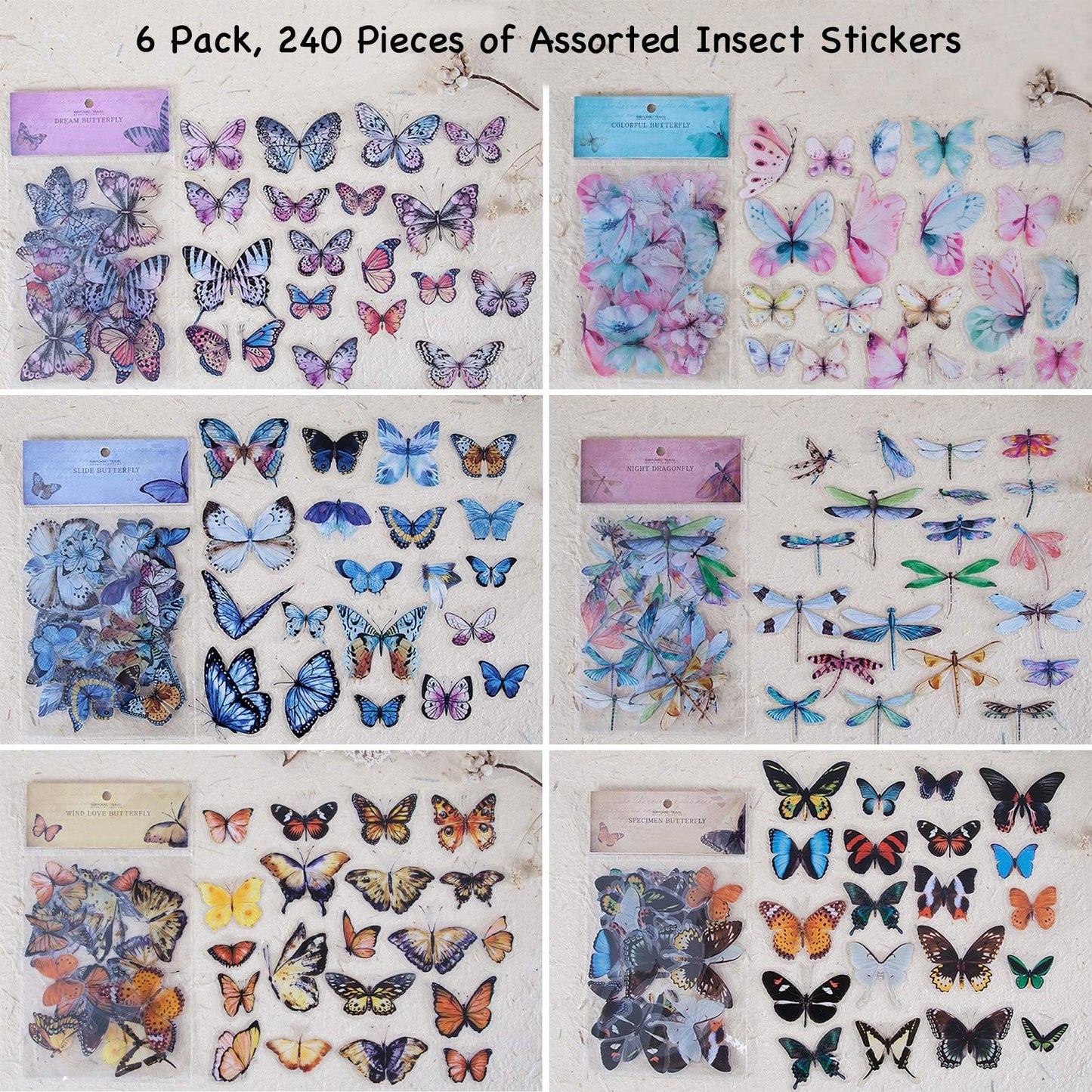 Knaid Butterfly Dragonfly Insects Stickers Set (240 Pieces) - PET Transparent Waterproof Decorative Decals for Scrapbook DIY Crafts Album Bullet Journal Planner Water Bottles Phone Cases Laptops