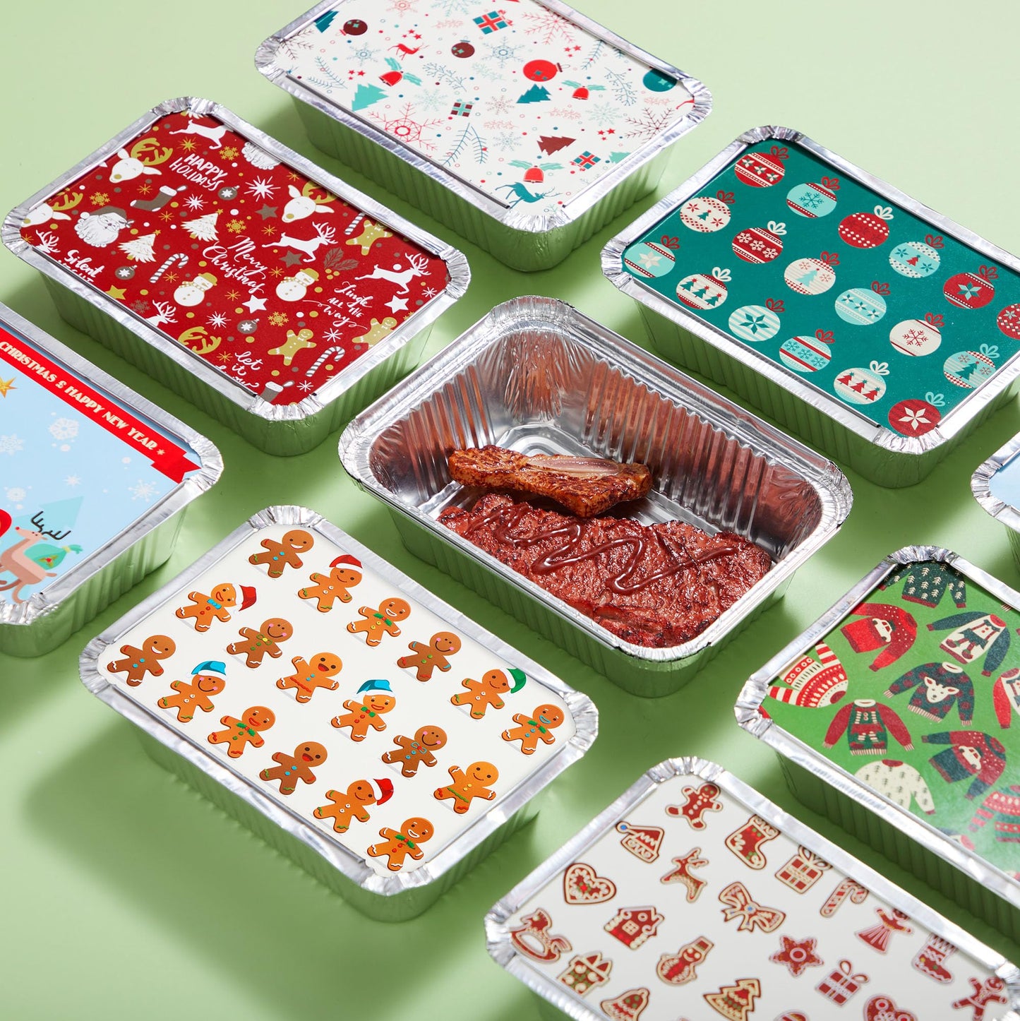 JOYIN 48 Pieces Christmas Foil Containers with Lids, 8 Holiday Designs, 8.5"x6"x2" Rectangular Treat Foil Containers, Disposable Food Storage Pan for Holiday Leftovers, Xmas Gift-Giving
