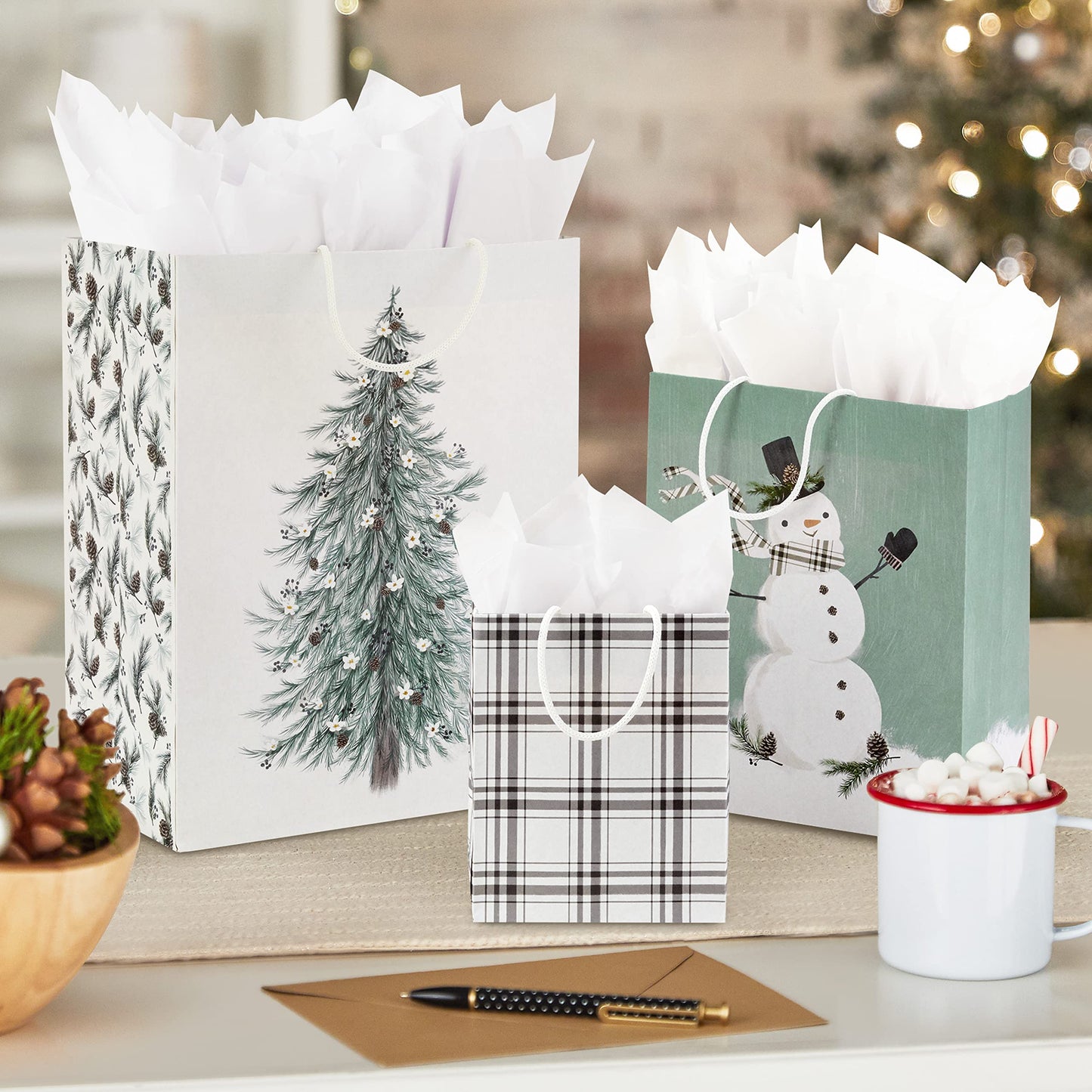 Christmas Gift Bag Assortment (8 Bags: 3 Small 6", 3 Medium 9", 2 Large 13") White and Sage Green with Rustic Snowman, Plaid, Evergreen Tree for Christmas, Winter Weddings, Birthdays