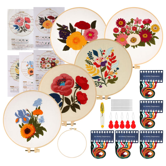 Maydear Complete Embroidery Starter Kit for Beginners - 5 Sets Punch Needle Set with Patterns, Hoops, Threads & Stitch Practice Guide for Adults, DIY Hand Embroidery Craft Kit
