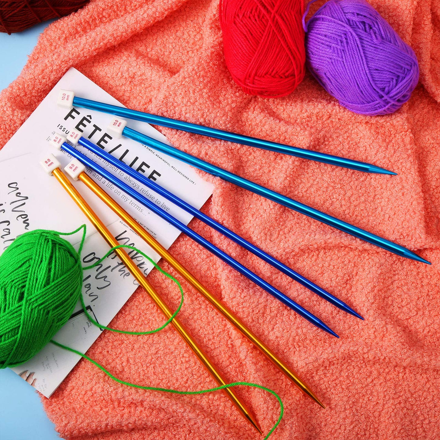 6 Pieces/ 3 Pairs Aluminum Straight Knitting Needles Set, 8 mm, 9 mm and 10 mm,14 Inch Single Point Knitting Needles, Color Extra Long Sweater Straight for DIY Projects