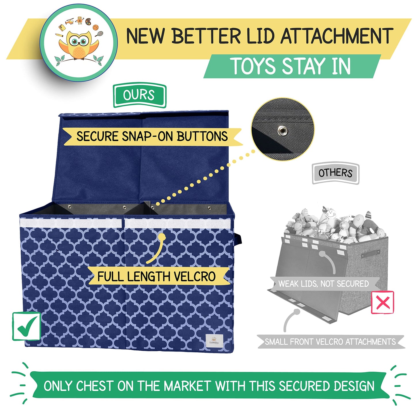 DaWikity Kids Toy Chest - Collapsible Storage Bin for Nursery, Bedroom, and Playroom - Toy Box with Lid, Hook-and-Loop Fastener - Spacious Compartment for Toddler Boys and Girls - 25"x16"x13", Navy