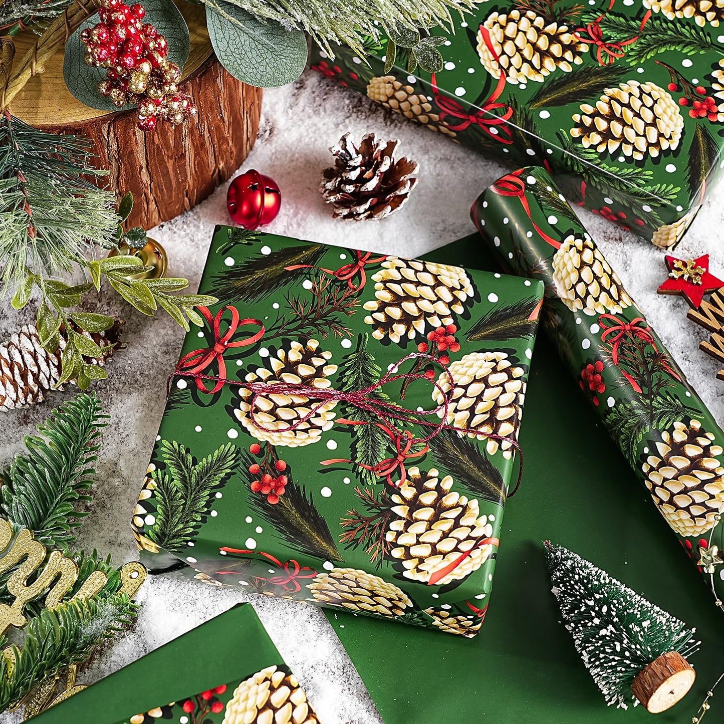 Reversible Green Christmas Wrapping Paper - Mini Roll - 17 Inch x 33 Feet - Pinecones with Red Bow Wrapping Paper and Solid Green for Xmas Holiday, Party Celebration