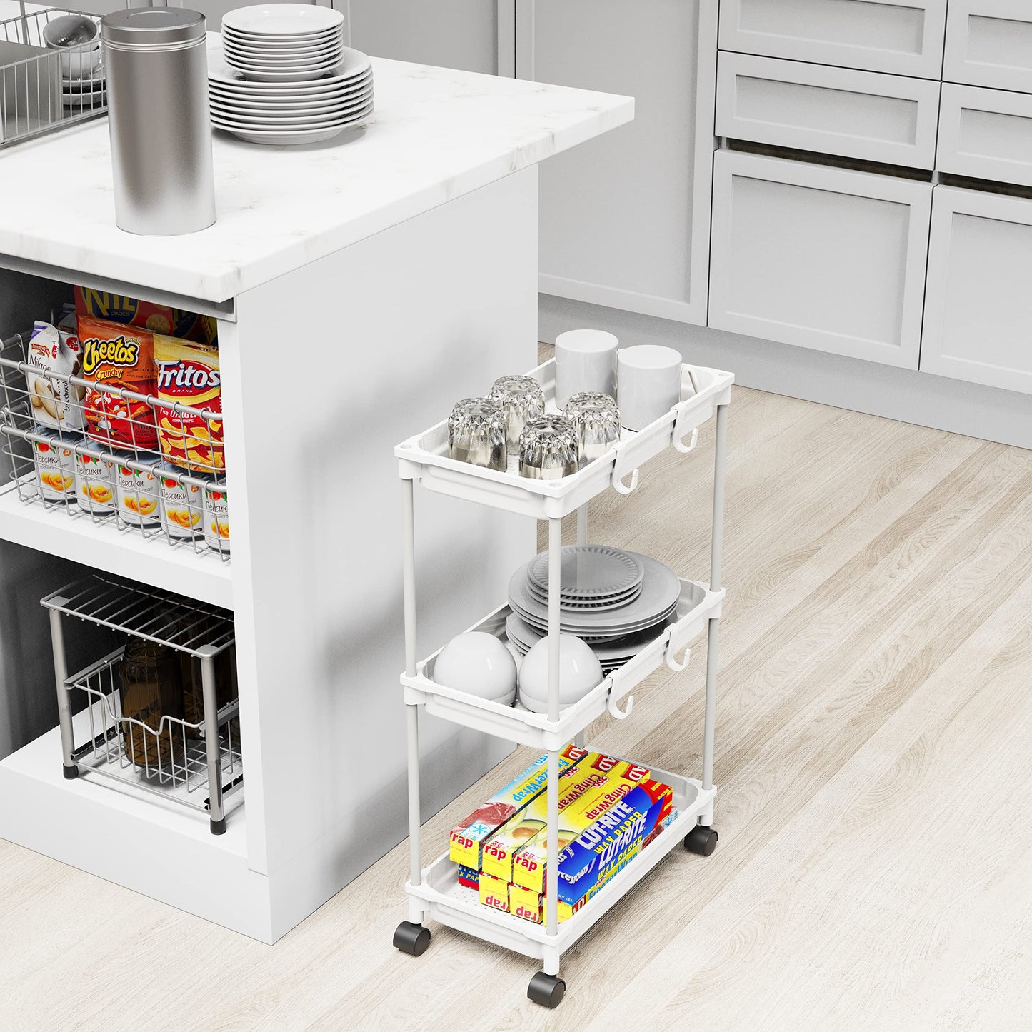 Simple Houseware Standard 3-Tier Slim Rolling Storage Cart, White