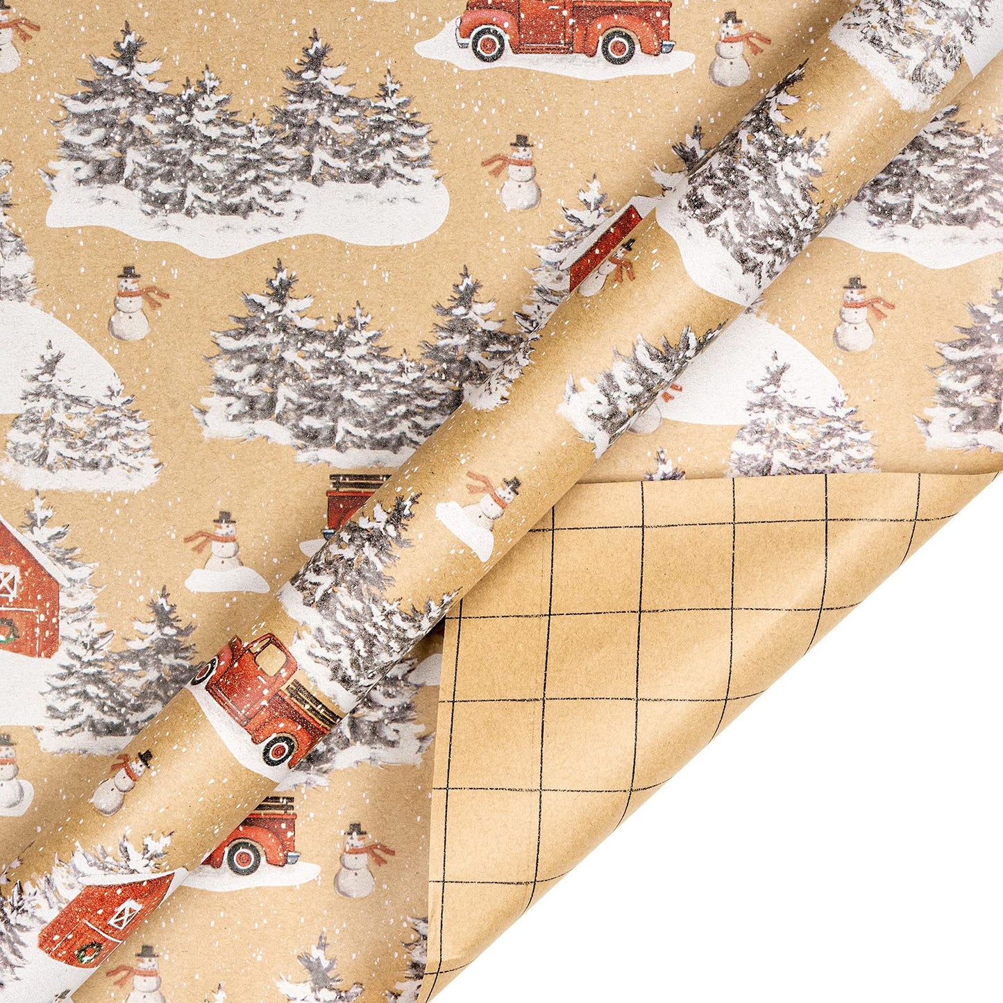 Christmas Wrapping Paper, Kraft Paper - Snowflake, Snowman, Red Truck and Christmas Tree - 4 Rolls - 30 inches x 10 feet per Roll