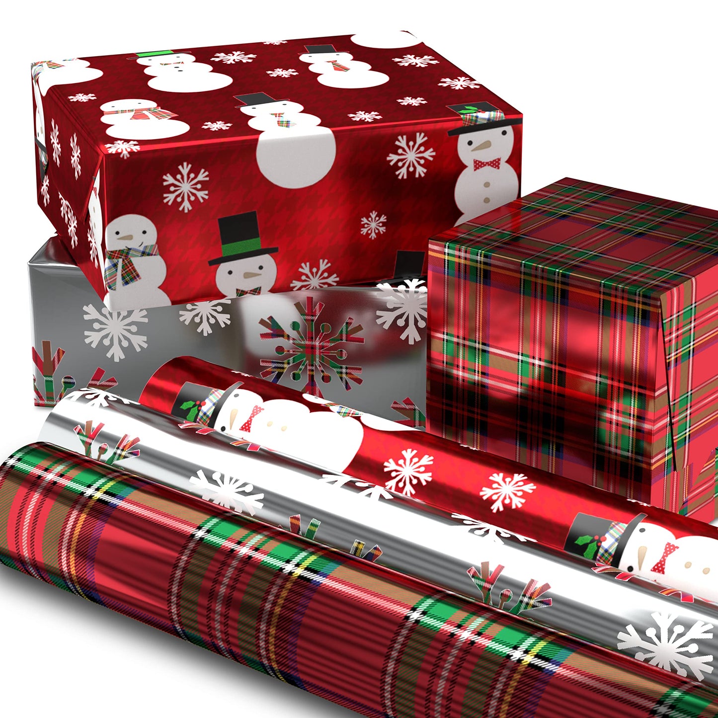 Foil Christmas Wrapping Paper with Cut Lines on Reverse (3 Rolls: 60 sq. ft. ttl) Plaid Snowflakes, Snowmen, Red, Green and Blue Plaid