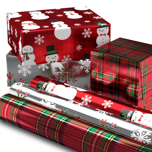 Foil Christmas Wrapping Paper with Cut Lines on Reverse (3 Rolls: 60 sq. ft. ttl) Plaid Snowflakes, Snowmen, Red, Green and Blue Plaid