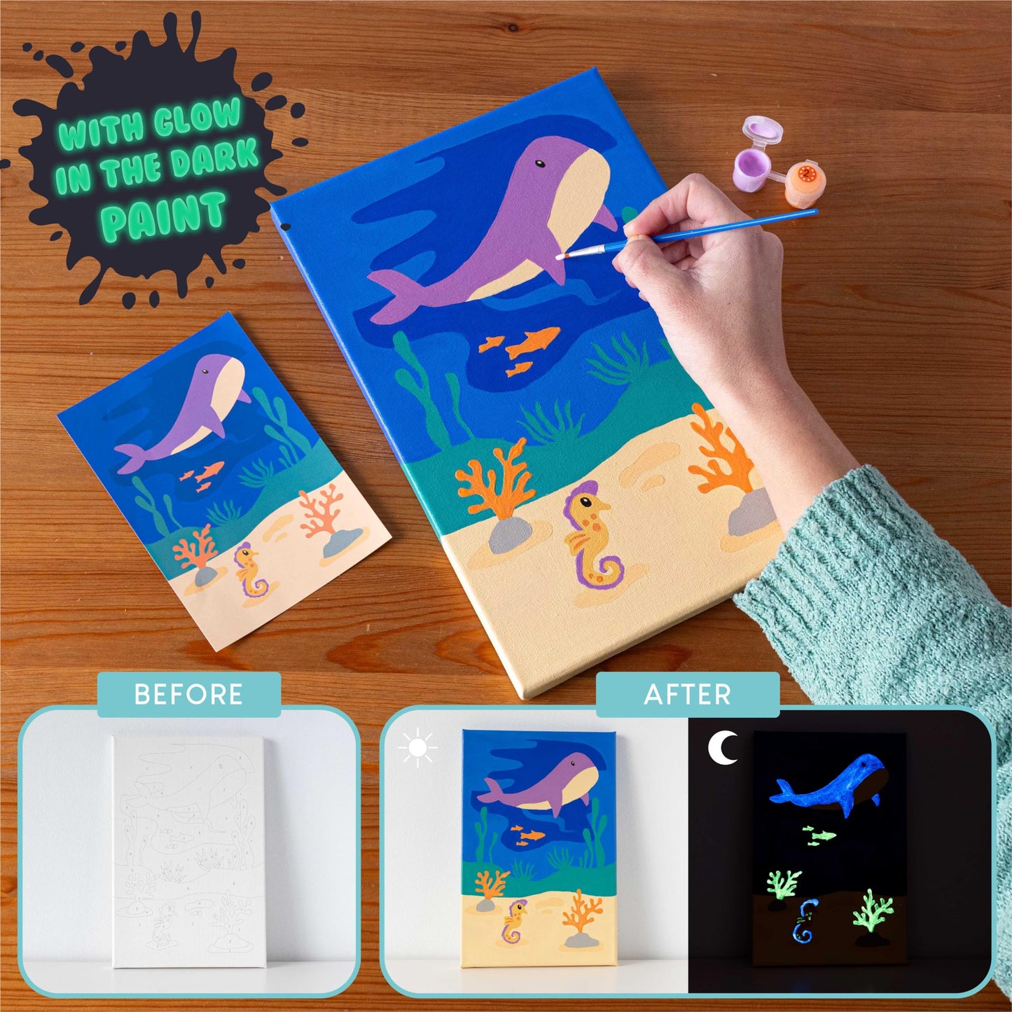 BONNYCO Paint by Numbers Kit for Kids Sea Animals Pack 3 Canvas. Paint by Number Canvas Framed, Ocean Gifts for Kids. Arts and Crafts 4-6 8-12, Pintar por Numeros. Pre Drawn Painting Under Sea Crafts