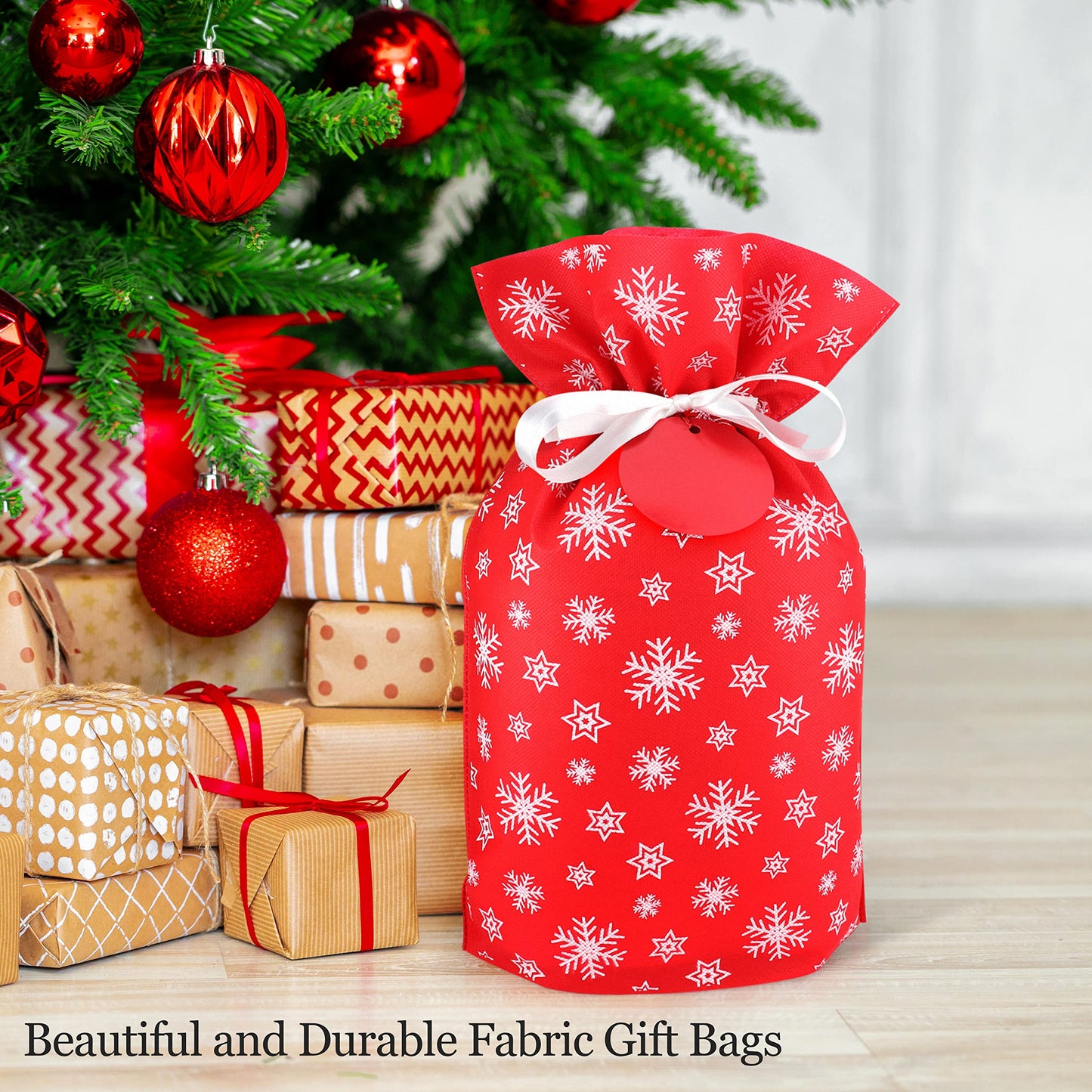 Fabric Gift Bags for Christmas Presents, Set of 6 Drawstring Bags, Cloth Bag, Reusable Gifts (Red Designs)
