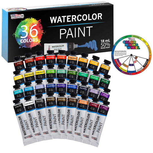 U.S. Art Supply 36-Color Water Colors Paint Set, 12ml Professional Watercolor Tubes, Vibrant Pigments - Water Colors Paint Adult Set for Artists