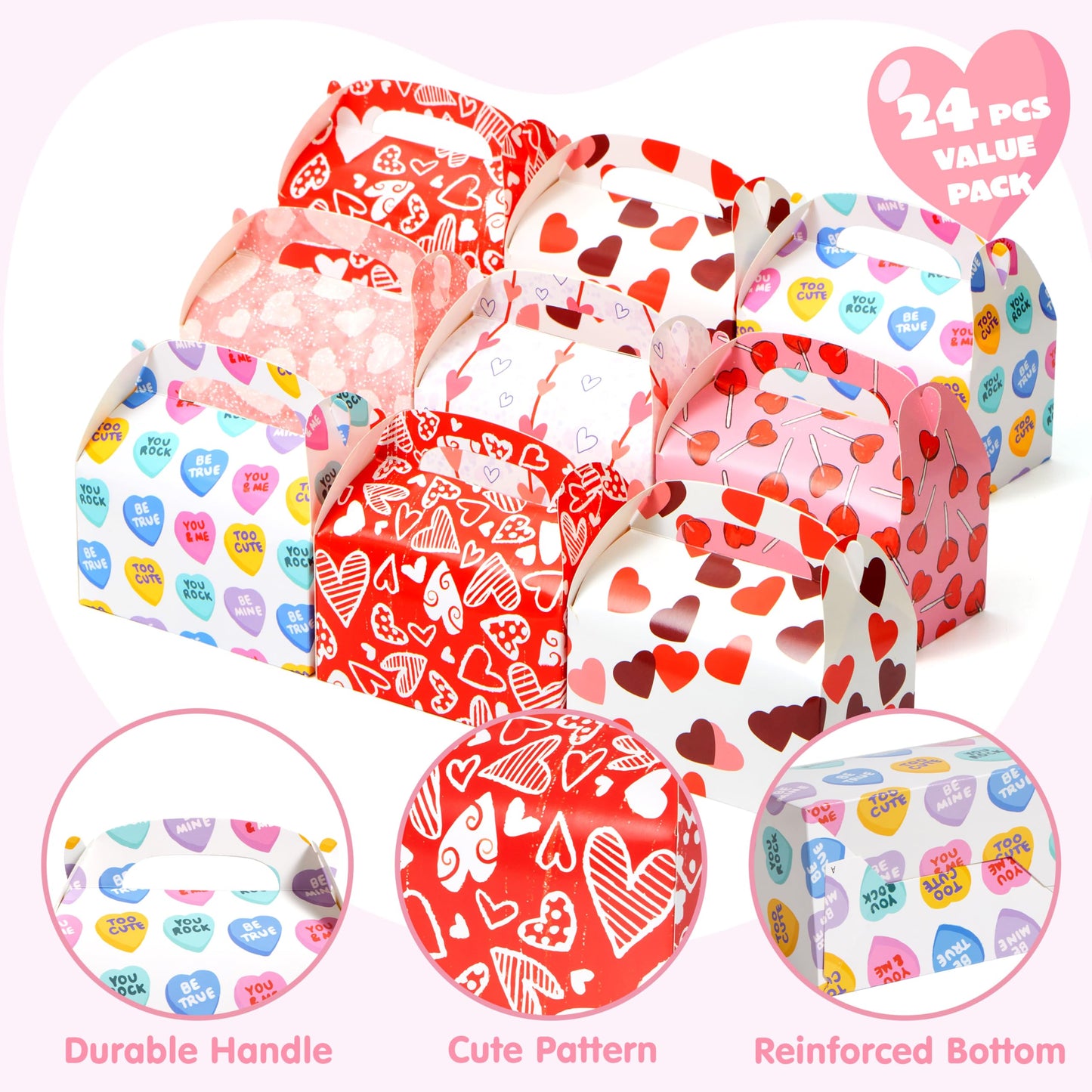 24 Pcs Valentine’s Day Gift Treat Boxes, Cookie Boxes with Colorful Heart shaped Design for Kids Party Favor, Classroom Exchange Prizes, Valentines Candy Boxes