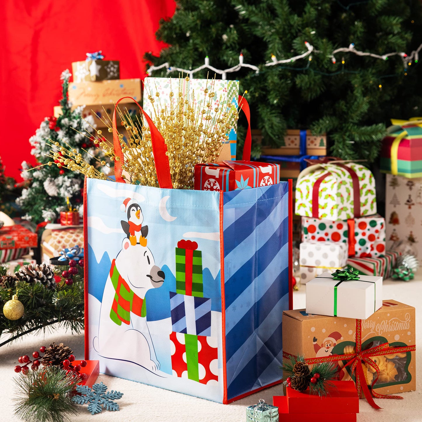 12 Christmas Extra-Large Gift Bags 13.75"x8"x14", Reusable Non-Woven Tote Bag With Handles for Xmas Wrapping Holiday Party Favors, Grocery Shopping