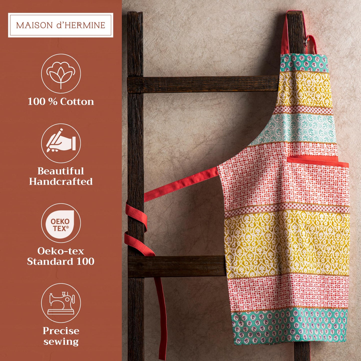 Apron for women with Pocket 100% Cotton 27.50"x31.50" 1 Piece Adjustable Neck Strap & long ties Apron Men, Chef, Wedding, Cooking, Gardening, Server Spring/Summer (Provence)
