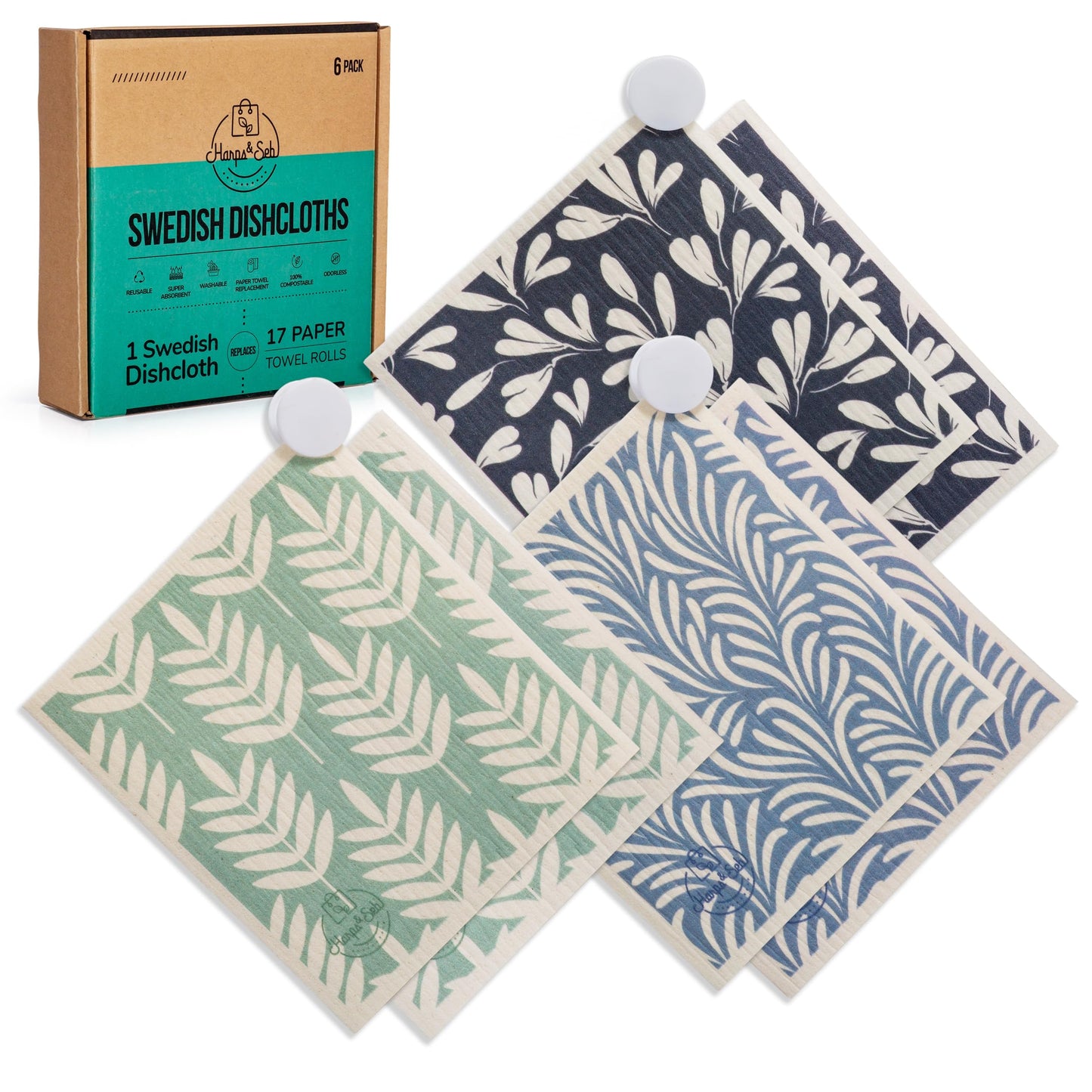 Swedish Dishcloths for Kitchen Dishcloths - 6 Pack, Reusable Paper Towels with Clips, Super Absorbent Washable Non-Scratch Swedish Dish Towels, No Odor, Biodegradable