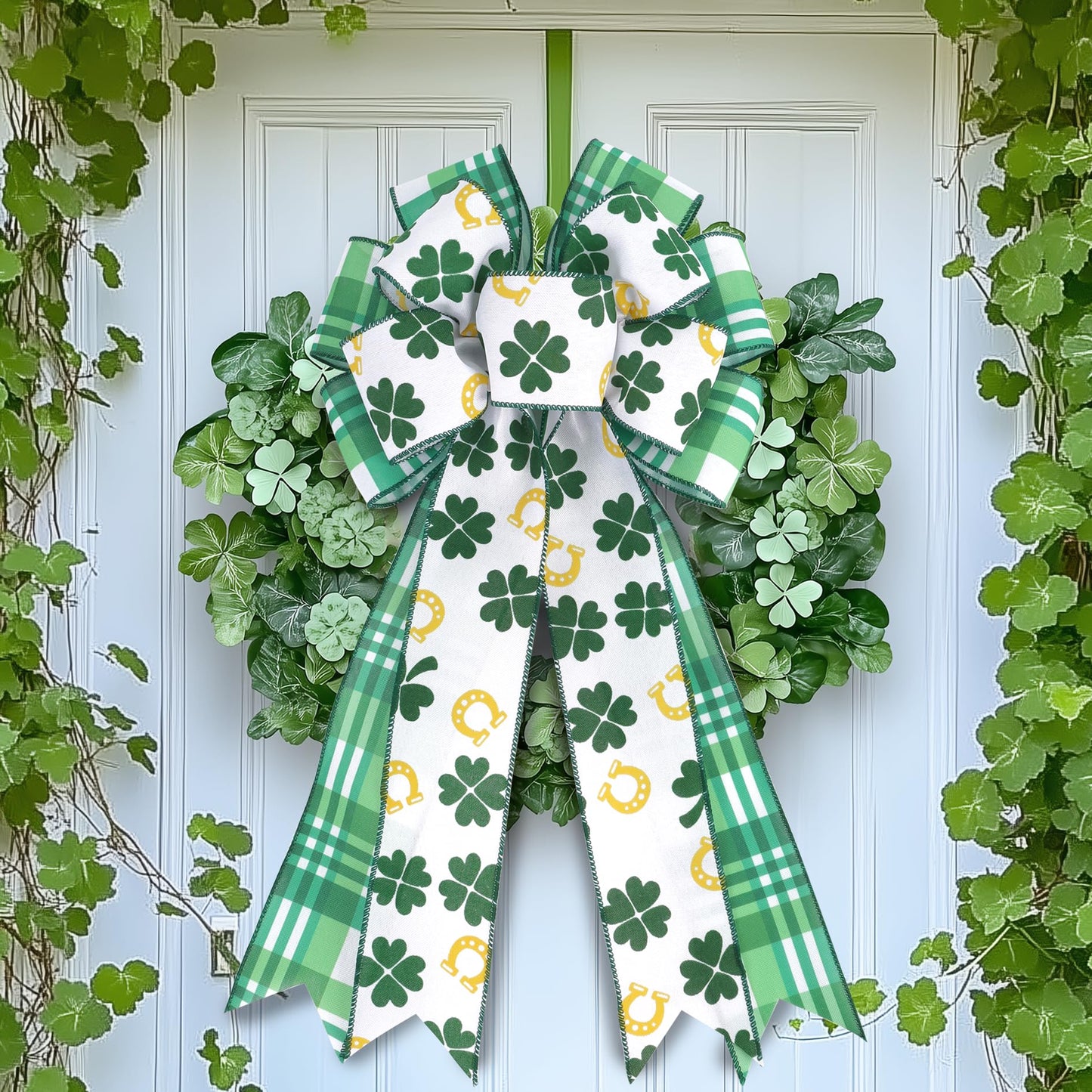 St Patricks Day Ribbon Wired 2 Rolls 2.5 Inch x 20 Yards Tt, Glitter Shamrock Green and White Plaid Ribbon for Crafts Supplies Wreath Bow Making DIY