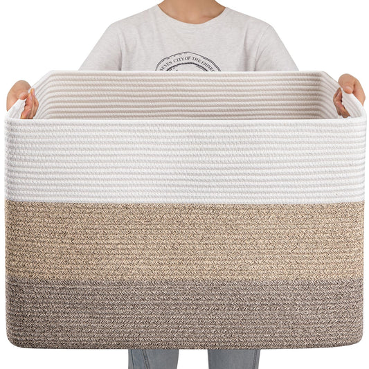 OIAHOMY 108L Super Large Blanket Basket, 25”x16”x16”(108L) Rectangle Woven Baskets for Storage, Cotton Rope Basket For Living Room, Toy Storage with Handle- Gradient Brown