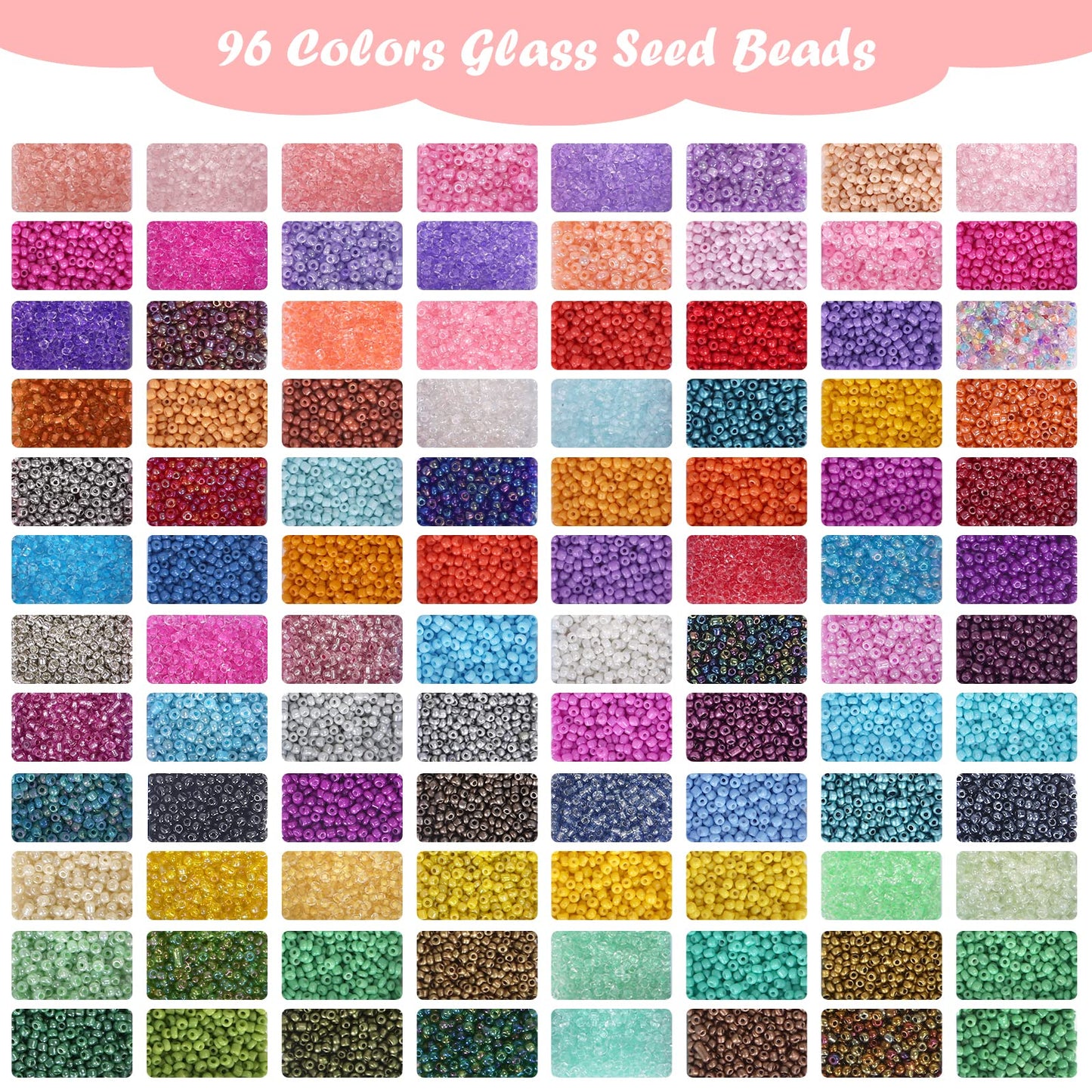 QUEFE 48000pcs 2mm Glass Seed Beads for Jewelry Making Kit, 96 Colors Small Bracelet Beads with Pendant Charms Kit and Letter Beads for Bracelets Necklace Ring Making, DIY, Art and Craft