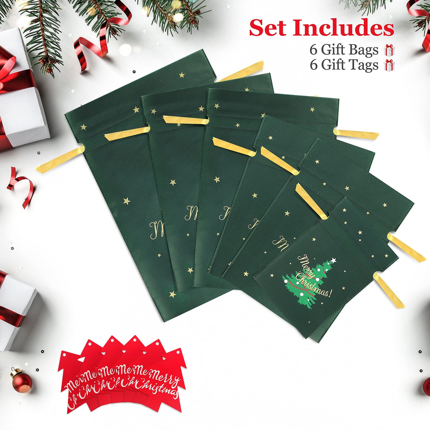 Fabric Gift Bags for Presents - 6 Pcs Large Reusable Christmas Bags with Drawstring (Green Xmas Tree Assorted)