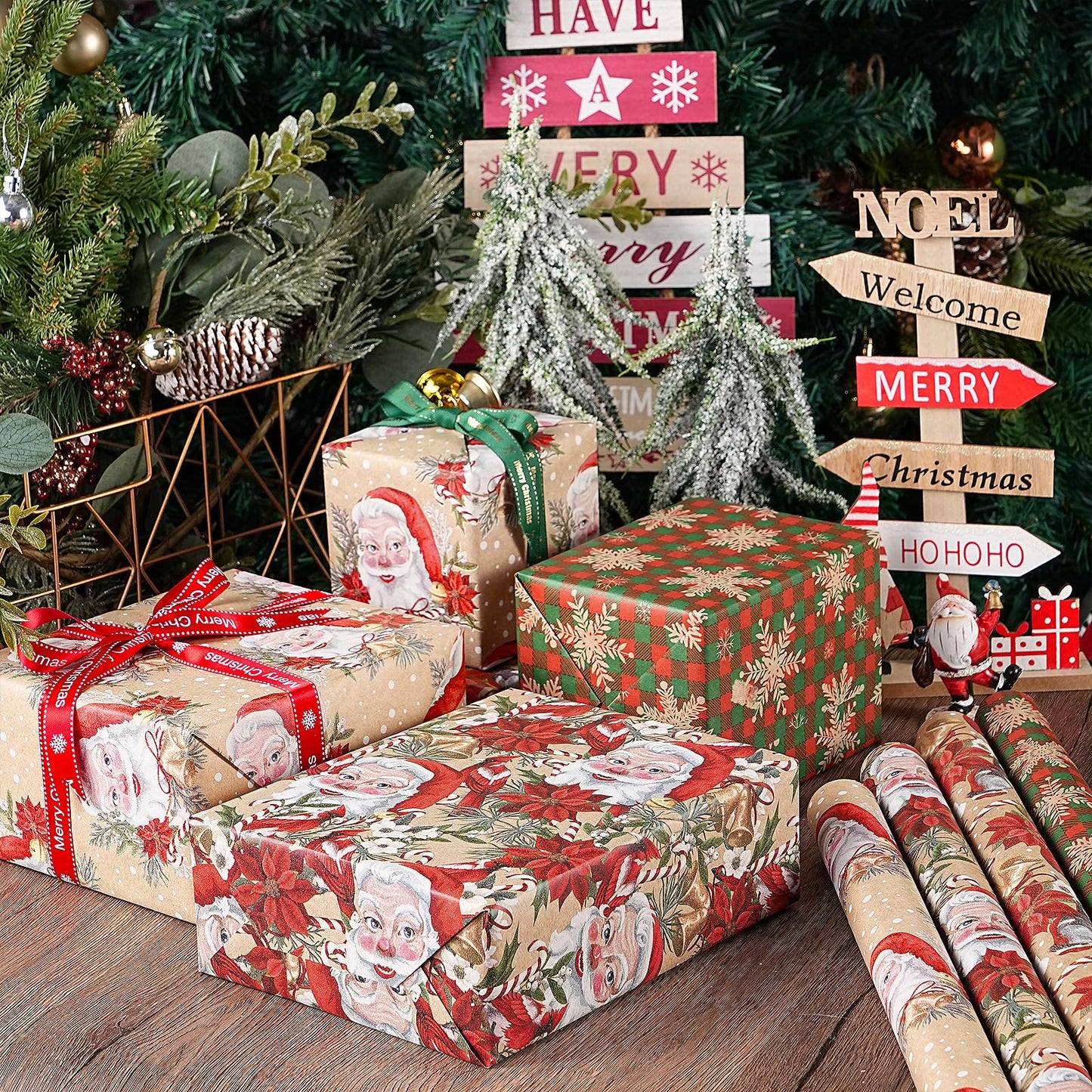 Kraft Christmas Wrapping Paper Set, Jumbo Roll, Vintage Santa, Bird, Poinsettia,and Gold Snowflake Plaid Design, Kraft Gift Wrap for Christmas, Holiday, 4 Rolls, 30 Inches x 10 Feet per Roll