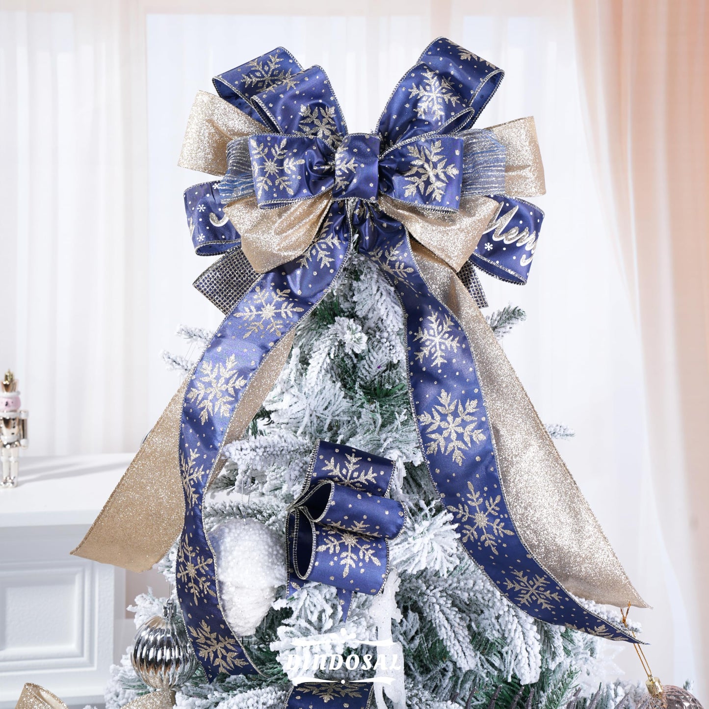 DINDOSAL Navy Blue and Gold Christmas Tree Ribbon - 2.5 Inch Wired Ribbon, 6 Rolls for Wreaths, Bows, Decorations
