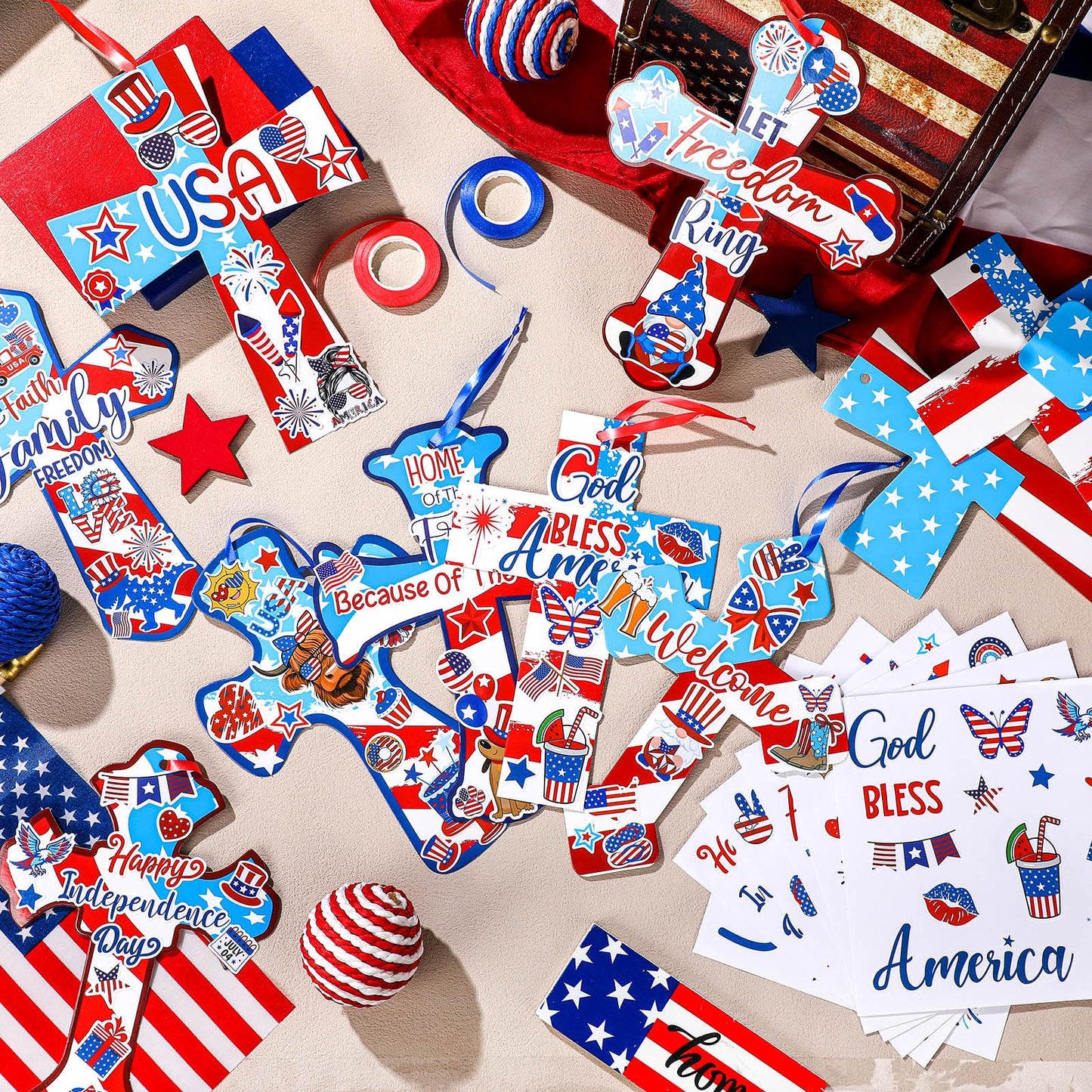Watersay 48 Set Religious 4th of July Cross Craft Kit DIY Christian Patriotic Craft Sticker Make Your Own Ornament for Sunday School VBS Class Project Home Party Activity (Independence Day, Blue)