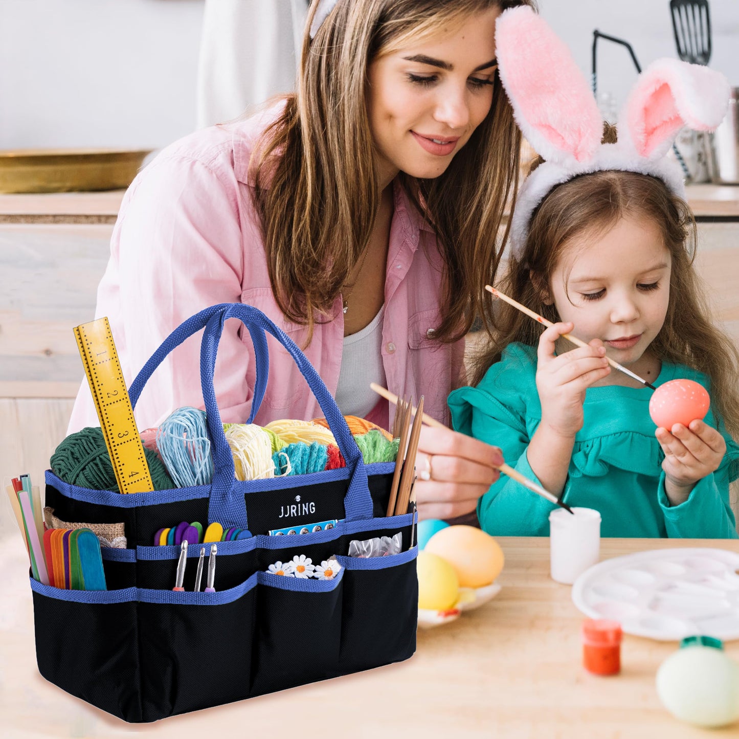 JJRING Craft and Art Organizer Tote Bag - 600D Blue Nylon Fabric Art Caddy with Pockets - for Art, Craft, Sewing, Medical, and Office Supplies Storage