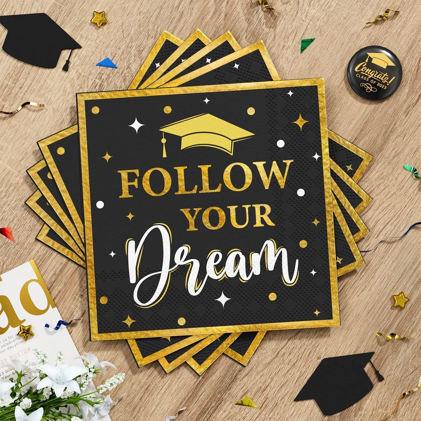 Ecomore Graduation Decoration Class of 2026, 175PCS Graduation Party Supplies Disposable Dinnerware(Serve 25) with Paper Plates Cup Napkin Fork Knife Spoon College High School Grad Decor(Black & Gold)