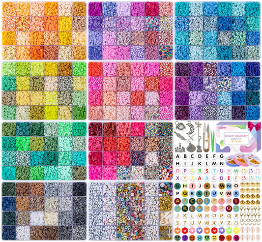46000Pcs Clay Beads - 216Colors 10Boxes Clay Beads, 5 Styles Letter Beads,with Rich Making Accessories and 3 Rolls Crystal Cord,for Crafts