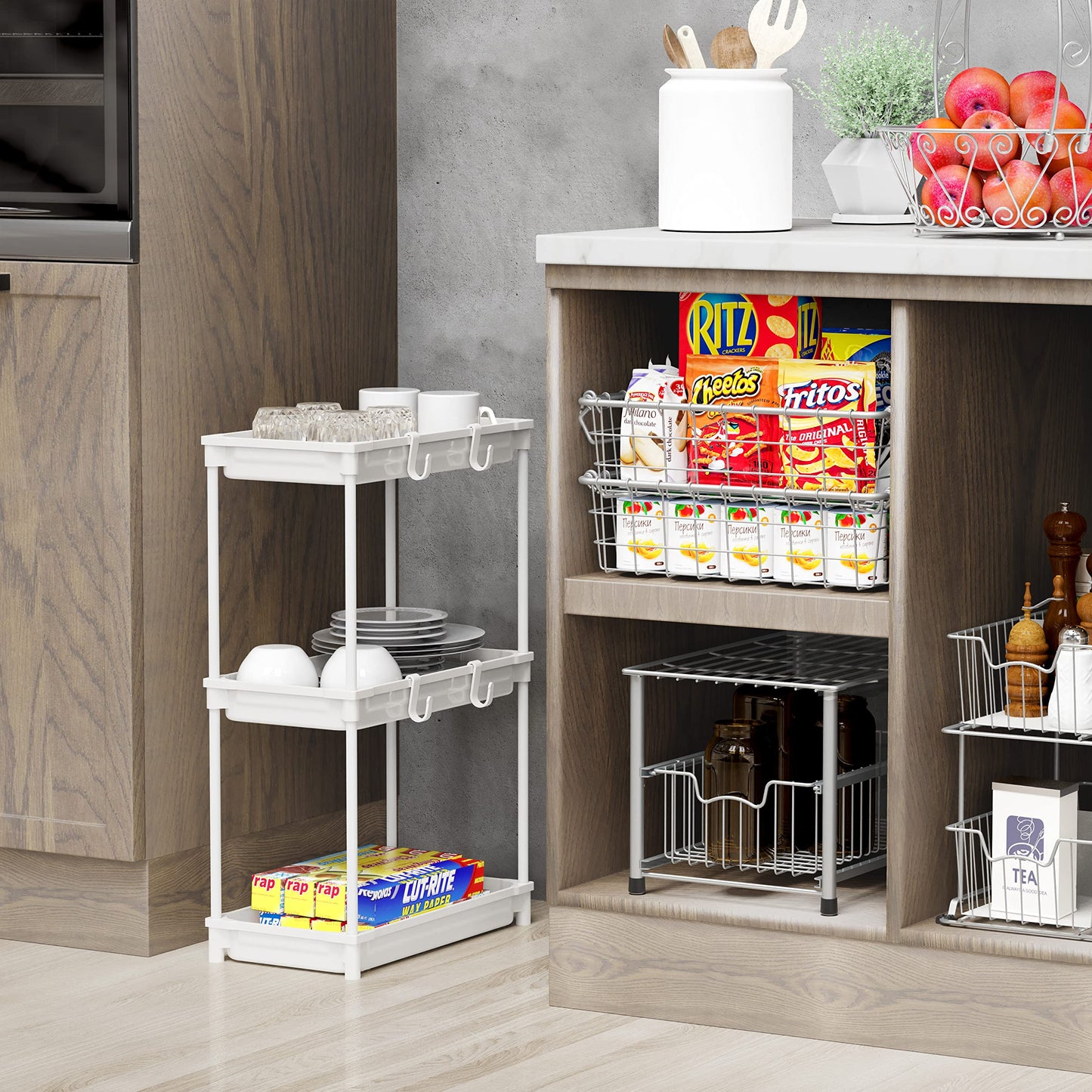 Simple Houseware Standard 3-Tier Slim Rolling Storage Cart, White