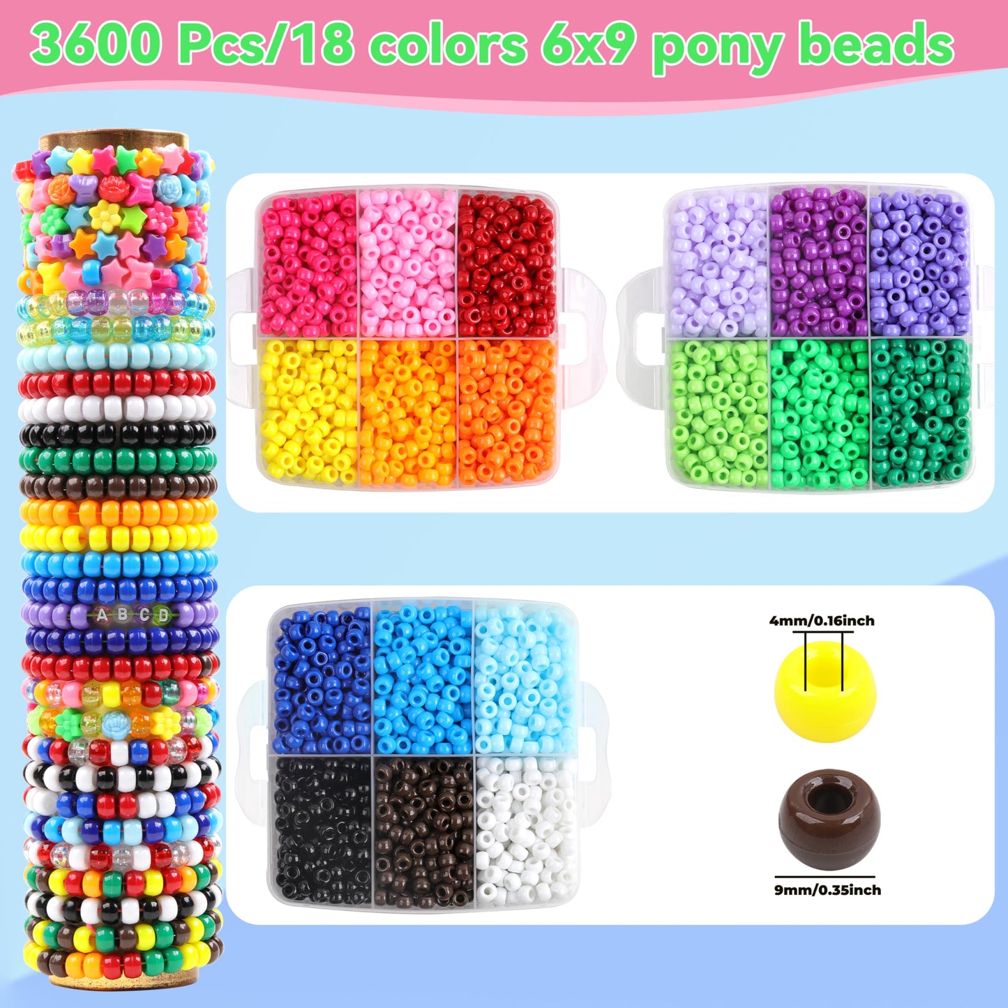 KAKW Pony Beads for Bracelets 3600 Pcs Plastic Beads for Friendship Bracelets Necklace 6x9mm 18 Solid Colors