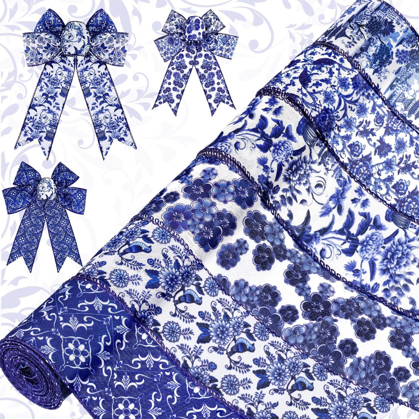 6 Rolls Christmas Chinoiserie Ribbon White and Blue Wired Edge Floral Ribbon Butterfly Flower Pattern Fabric Craft Wreath Bow Wrapping 2.52 Inches by 5 Yards
