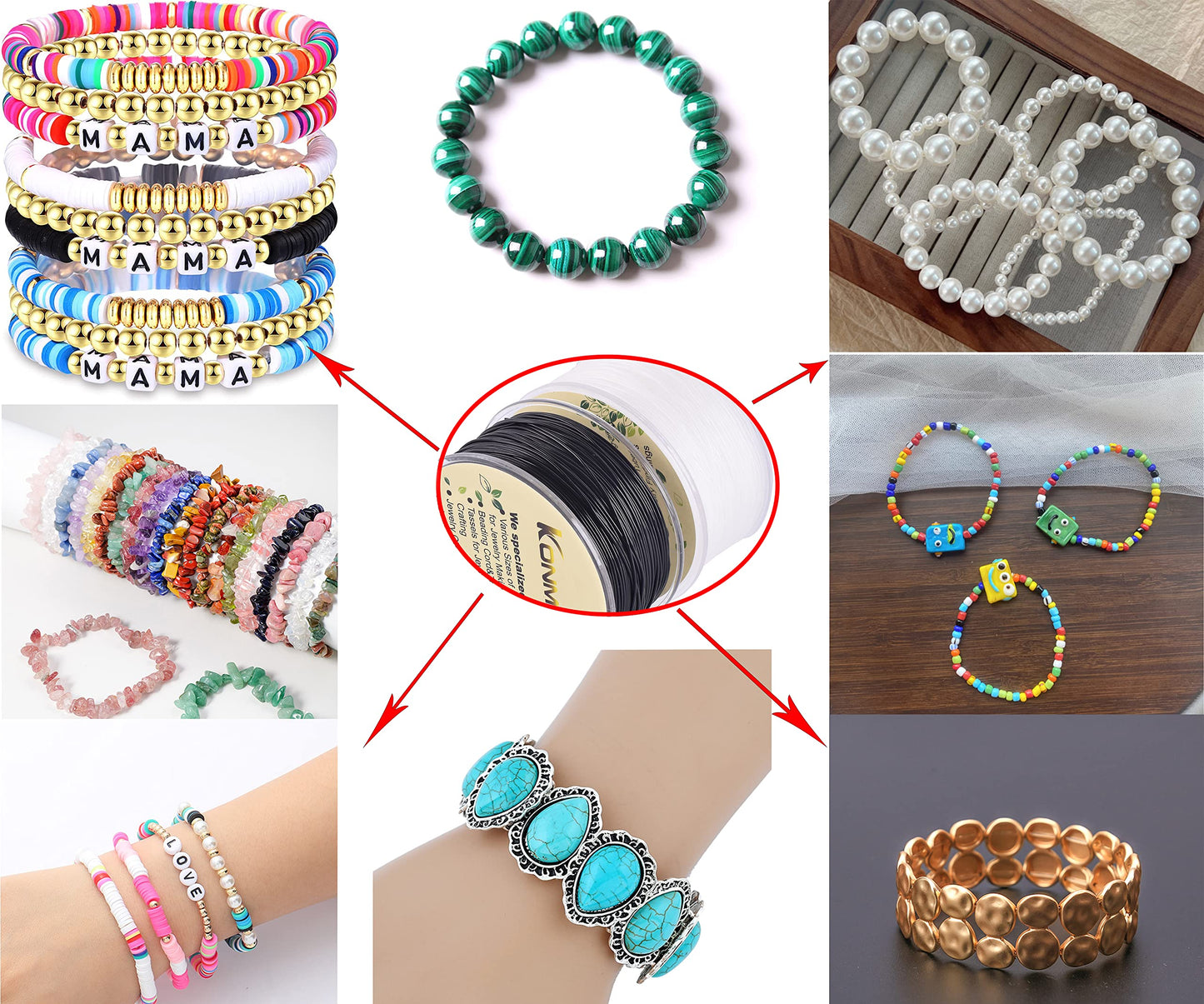 KONMAY 2 Rolls 0.8mm Round Stretchy Bracelet Strings with Organizing Case, 130 Yards Black and White Crystal Elastic Thread Cord for Jewelry Bracelets Making and Beading