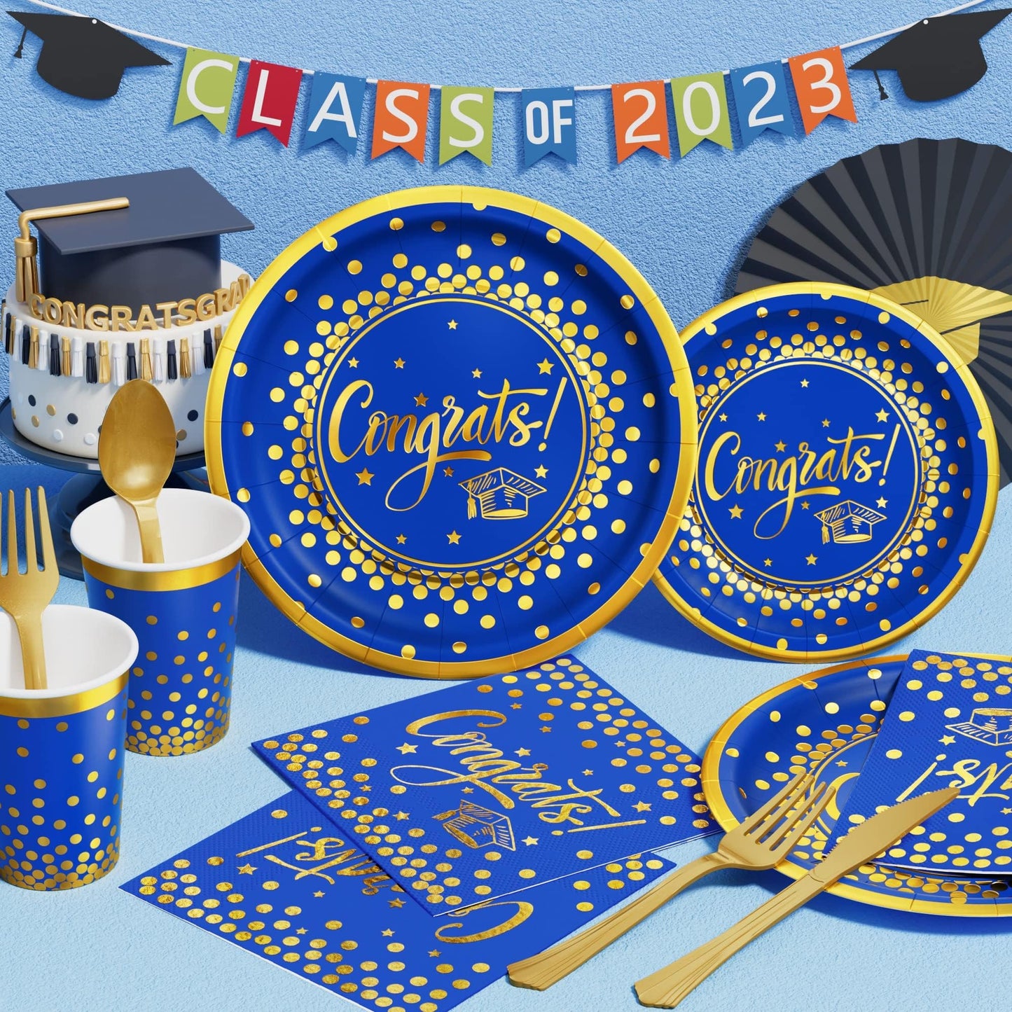 Ecomore Graduation Decorations 2026-175 PCS Blue Gold Disposable Dinnerware Set, Congrats Grad Party Supplies w/Paper Plates Cups Napkins & Plastic Cutlery, Serves 25 for School College Class 2026