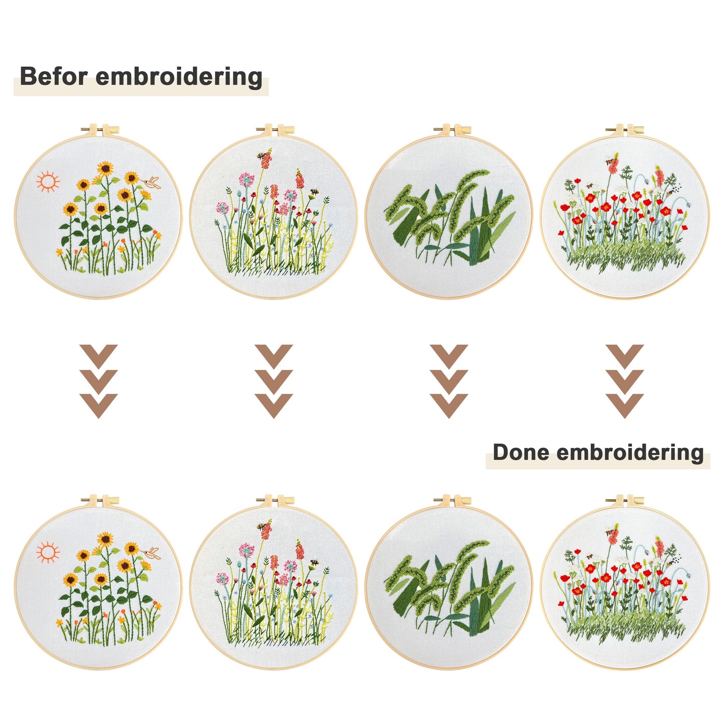 Maydear 4 Packs Embroidery Starter Kit with Pattern, Stamped Cross Stitch Kits for Beginners Adults with Embroidery Hoop and Instructions, Hand Embroidery Kit (A-Embroidery kit Florals)