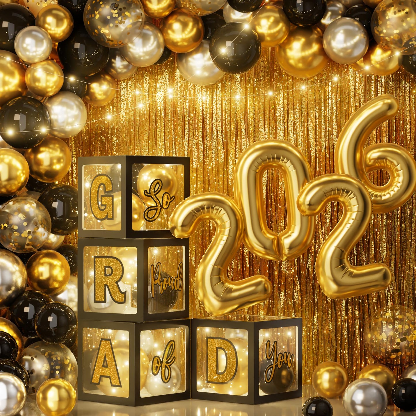 Ecomore 2026 Graduation Decorations - 86 PCS Graduation Party Decor Supplies Set Includes LED Light Strings Balloon Block Boxes with Letters Foil Curtains Backdrop 2026 Balloon Garland Kit- Black Gold