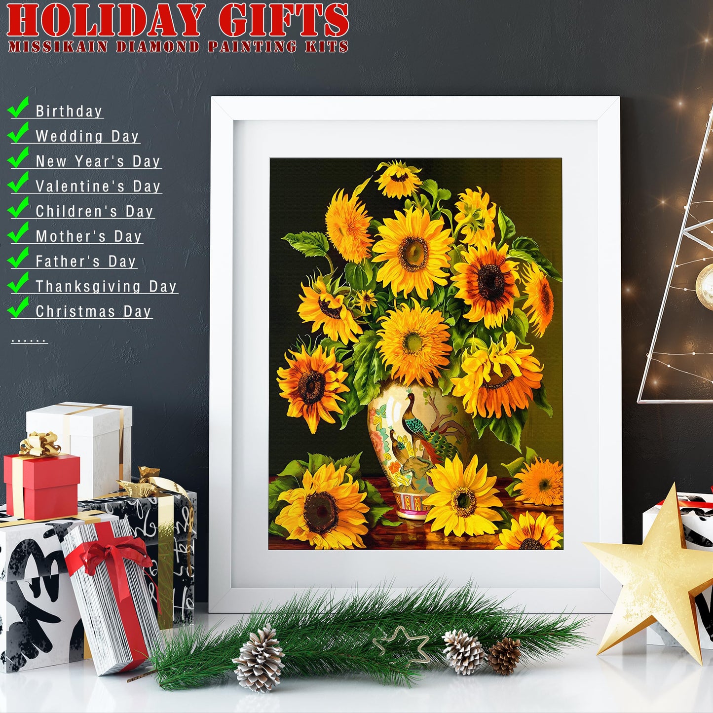 MISSIKAIN Diamond Art Painting Kits for Adults & Beginners, 5D Sunflower Flower Diamond Paintings for Home Wall Decor, Paint Sunflowers Flowers with Round Diamonds by Numbers, Full Drill, 12x16 inch