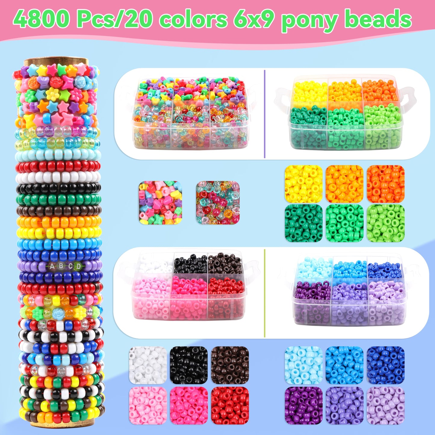 KAKW 4800 Pcs Pony Beads for Friendship Bracelets 6x9mm 18 Solid 8 Color Shapes 10 Glitter Plastic Beads for Jewelry Making Supplies Necklaces Keychains Hair Braid DIY Craft Accessories