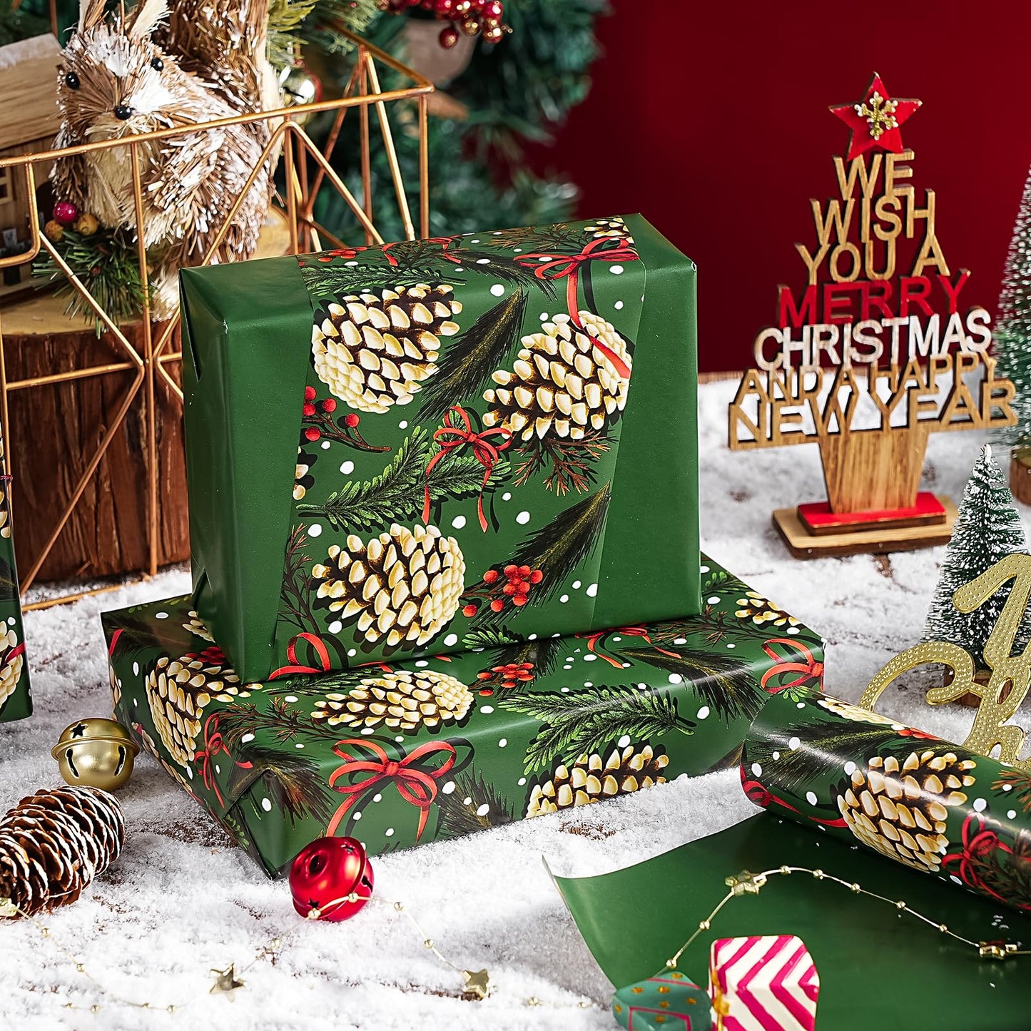 Reversible Green Christmas Wrapping Paper - Mini Roll - 17 Inch x 33 Feet - Pinecones with Red Bow Wrapping Paper and Solid Green for Xmas Holiday, Party Celebration