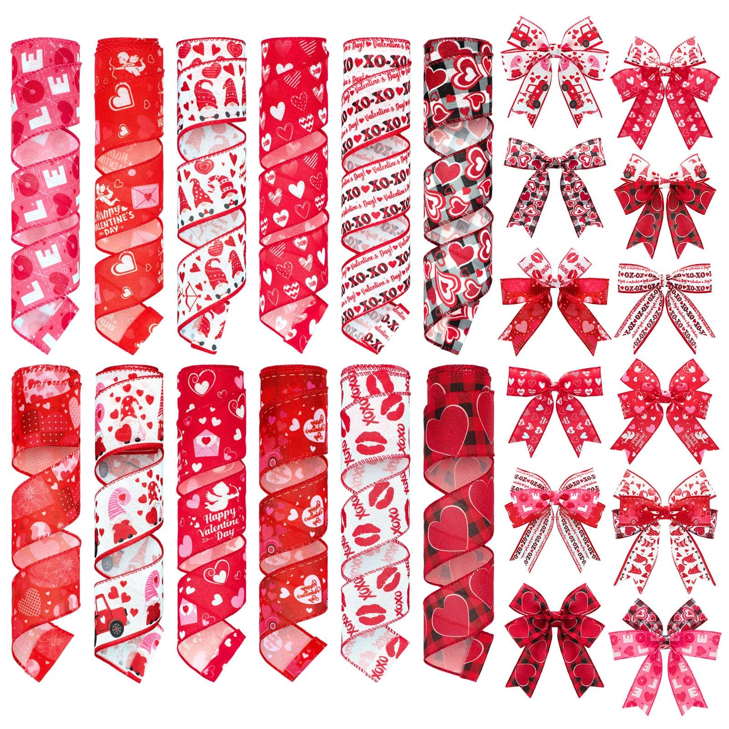 12 Rolls Valentines Day Wired Edge Ribbon for Wreaths 2 Inch x 60 Yards Red Pink Heart Gnome Truck Print Grosgrain Ribbon Love Crafts for Winter Party Decorative Supplies, 12 Styles