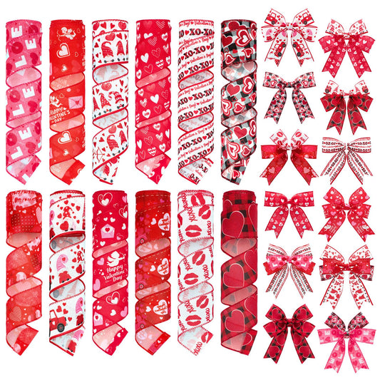 12 Rolls Valentines Day Wired Edge Ribbon for Wreaths 2 Inch x 60 Yards Red Pink Heart Gnome Truck Print Grosgrain Ribbon Love Crafts for Winter Party Decorative Supplies, 12 Styles
